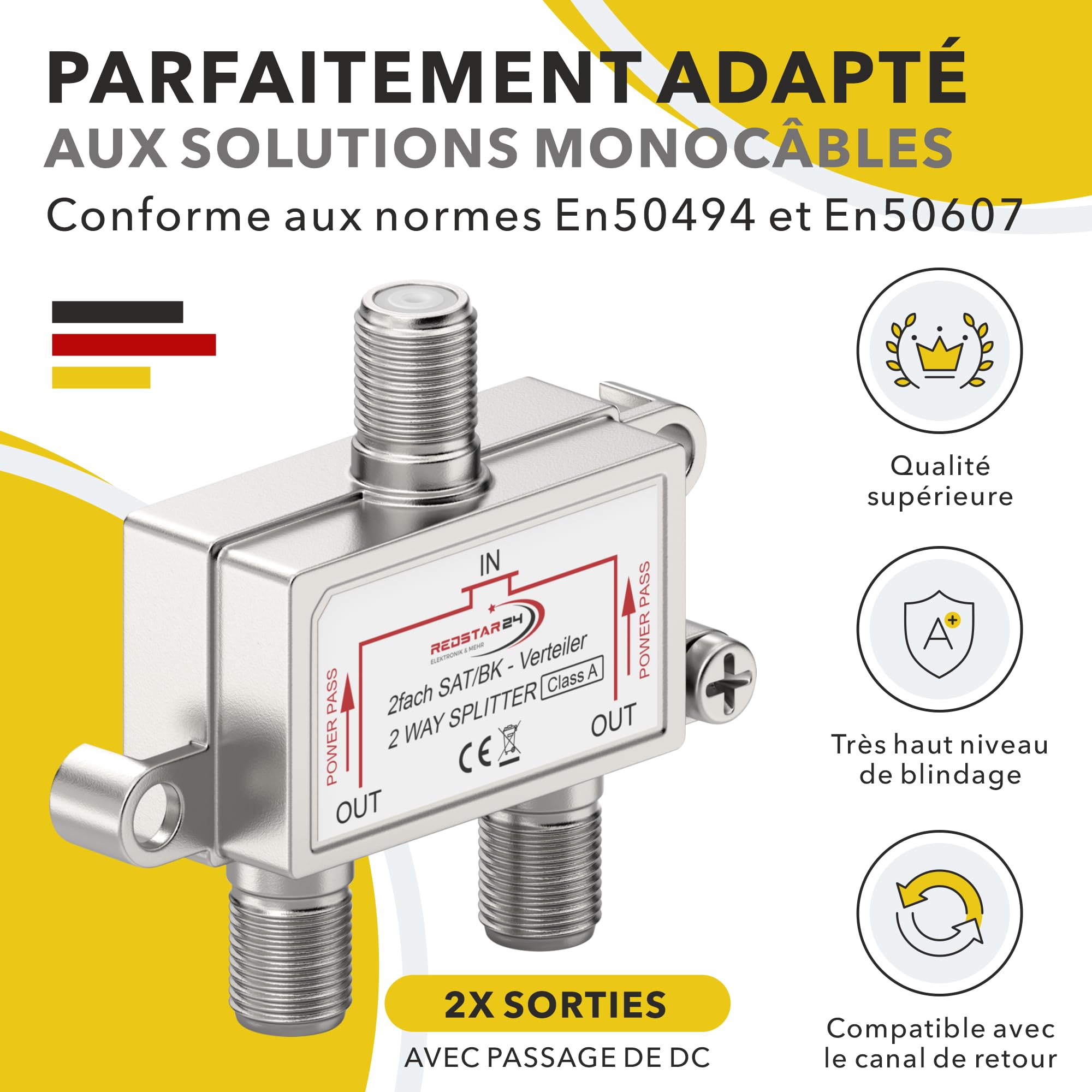 Redstar Répartiteur TV SAT 2 voies - Distributeur antenne satellite HDTV UHD 4K DVB-S/S2 DVB-T/T2 DVB-C/C2 boîtier blindé