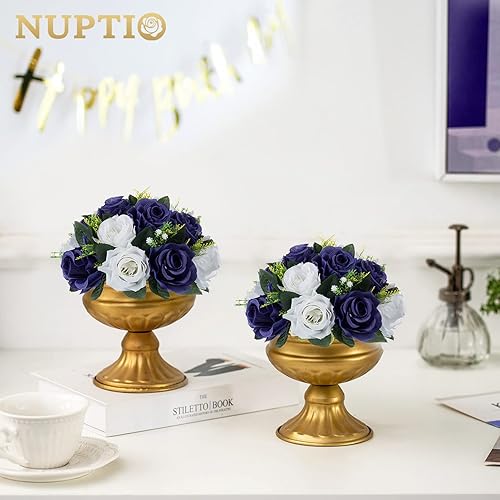 Miniatura 4 de NUPTIO Centros de flores artificiales para mesas, 2 bolas de rosas falsas de 9.5 pulgadas de diámetro, color azul marino y blanco, arreglo de rosas