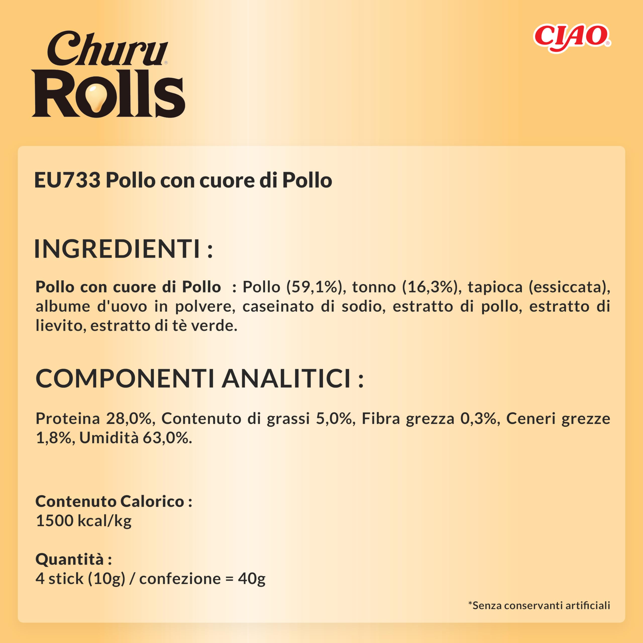 INABA Churu Rolls Bastoncini di Pollo con Cuore di Pollo 1 Pack (4x10gr) Snack Morbido per Gatti Senza Conservanti Grain-Free