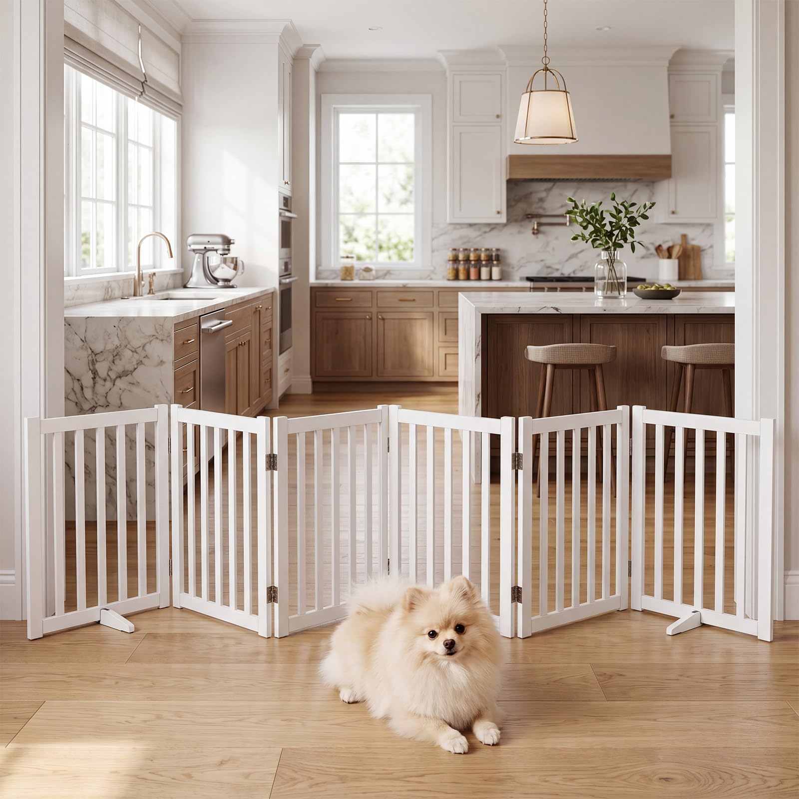COSTWAY Barrera de Seguridad para Perros Plegable, Puerta para Perros de 6 Paneles de Madera con Patas de Apoyo, sin Montaje, Vallas de Seguridad para Interior Escaleras Pasillo, 306 x 61 cm