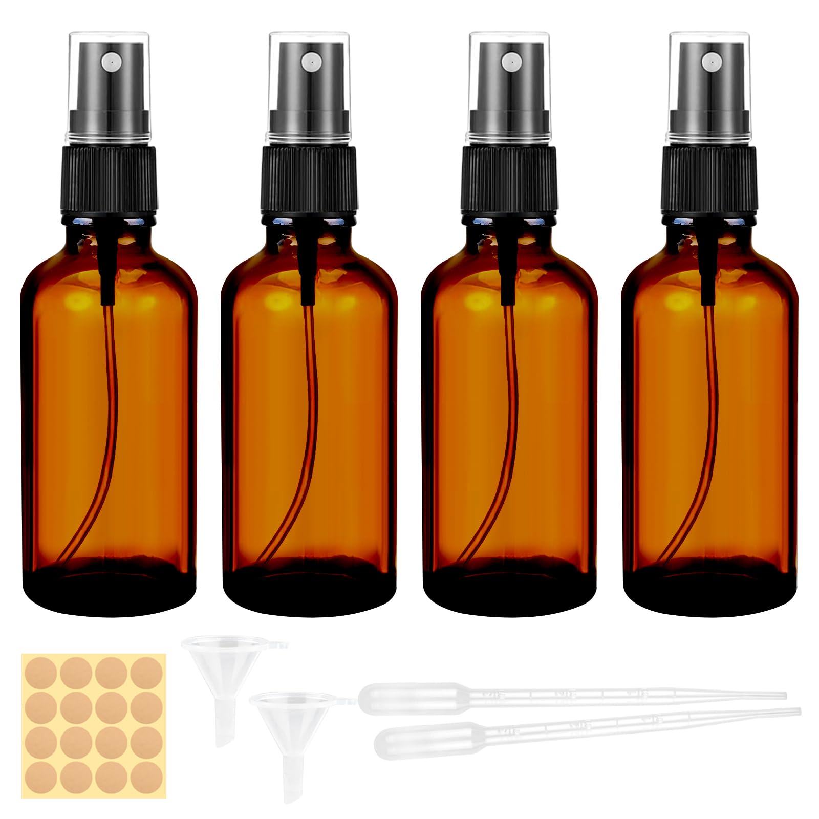 Maxmoc 50ml Braunglas Sprühflasche, 4 Stück Klein Glas, Nachfüllbar Zerstäuber mit Trichte, Tropfer und Etiketten für Wasser, Alkohol, Kosmetik, Parfüm, Aromatherapie