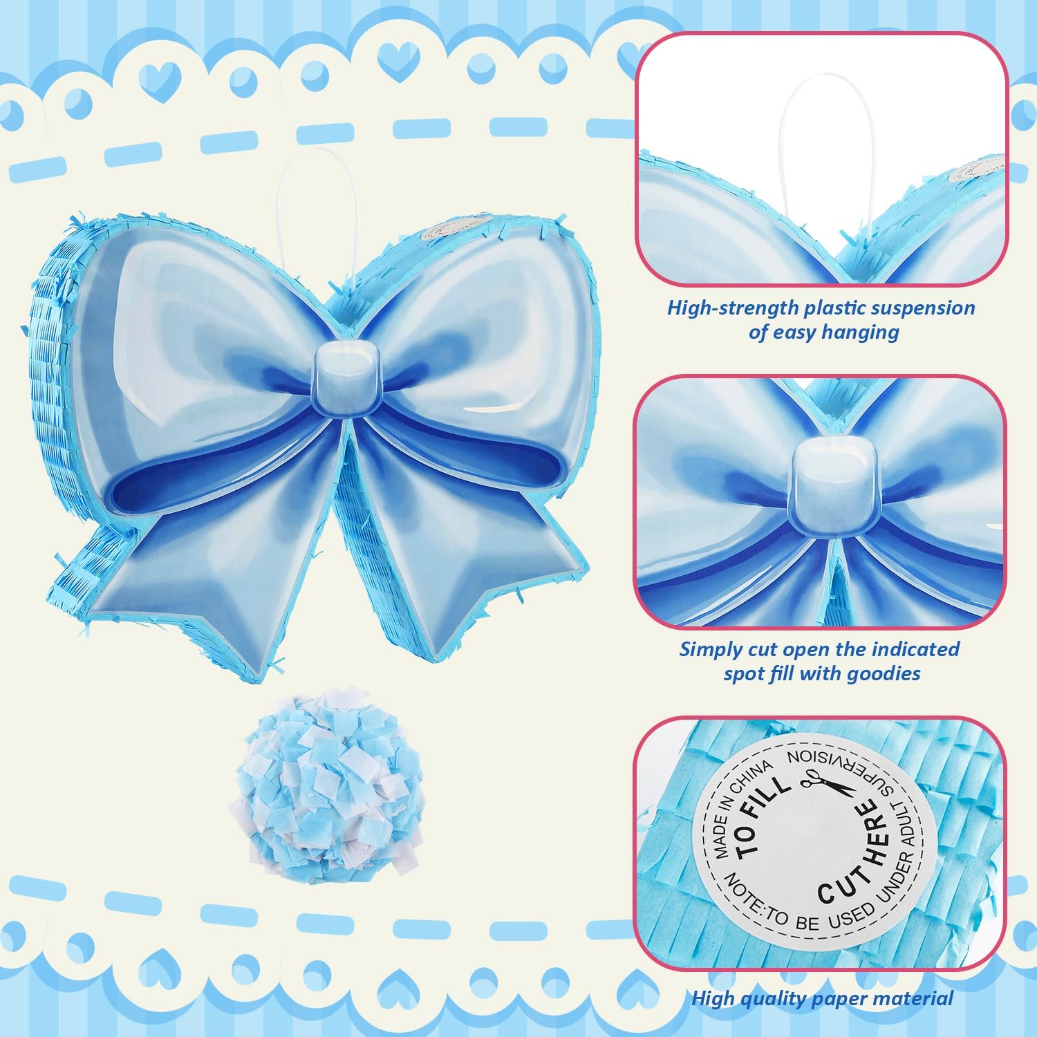 Bow Piñata Birthday Party Decorative Bow Tie Piñata with Blindfold and Bat for Girls Kids Blue Bows Birthday Party Decorations Wedding (Small Size 16.5"x13"x3)