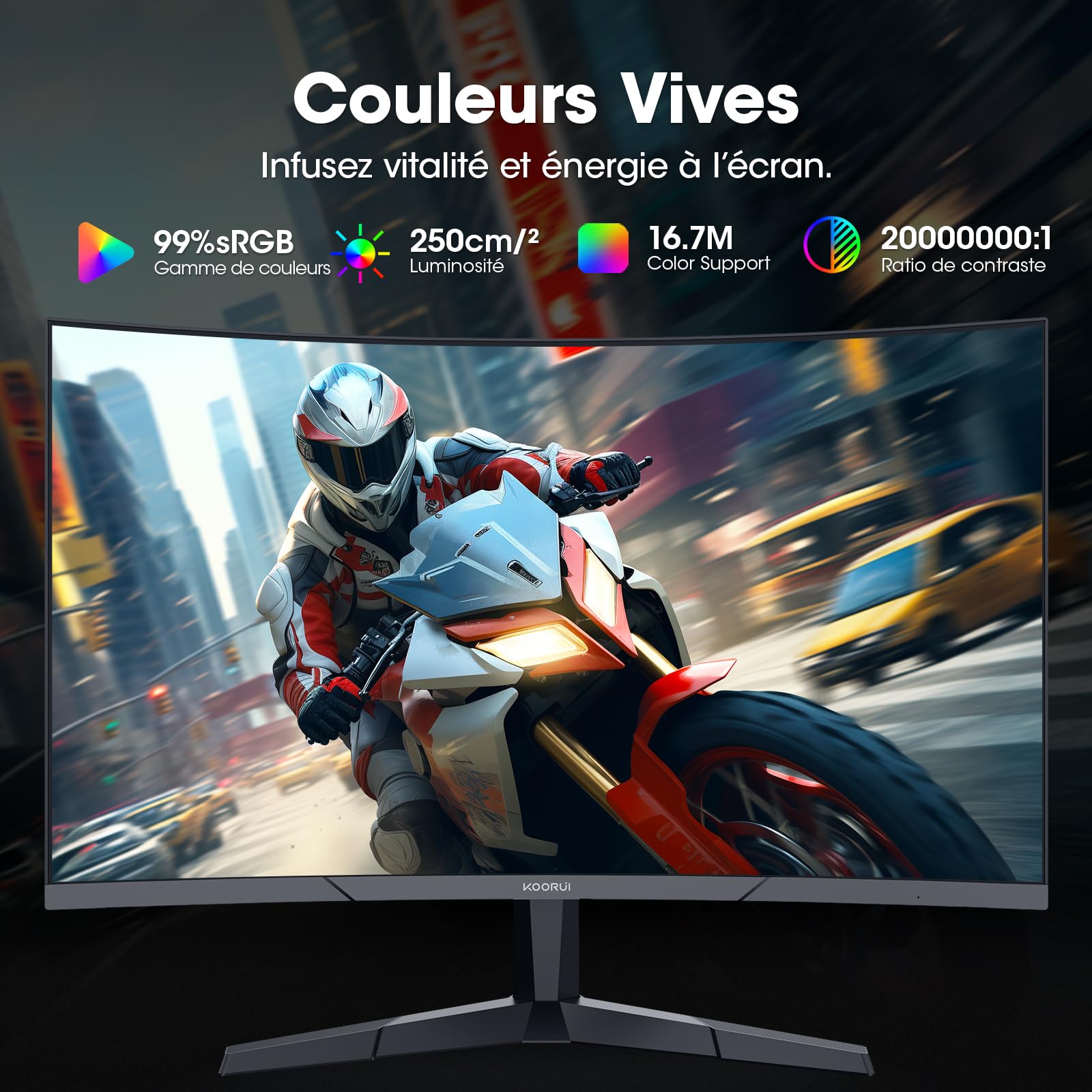 KOORUI 24 Pouces Gamer Écran PC Incurvé, Full HD 180Hz 1ms 24E6CA | Gaming Moniteur 1500R, Soin des Yeux, réglage de l'inclinaison, Ecran Gamer, HDMI 2.0x2, DP 1.2, 100x100mm VESA Ecran, Noir