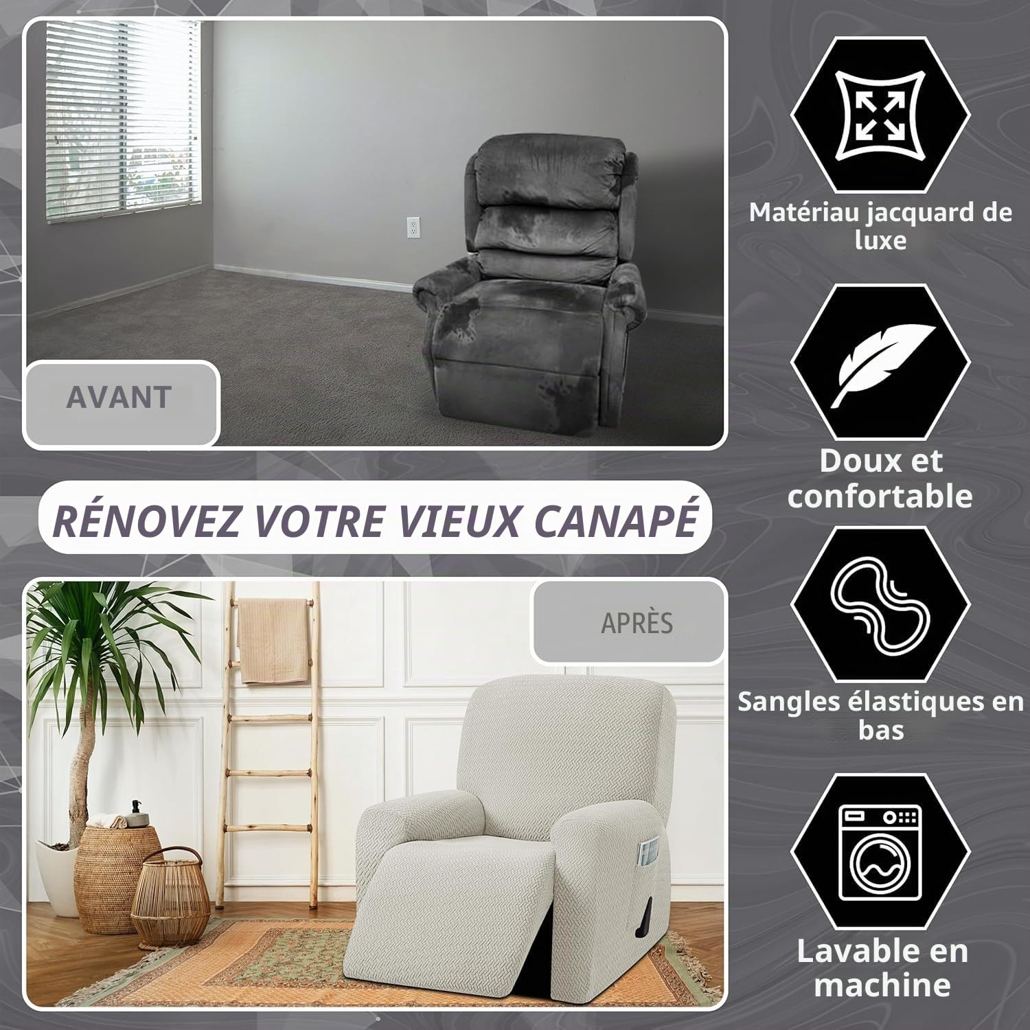 Lot de 4 Housses de Fauteuil Relax en Velours Extensible - Protection Complète avec Poches pour Télécommande, Livres - pour Fauteuil de Relaxation, Canapé et Fauteuil TV