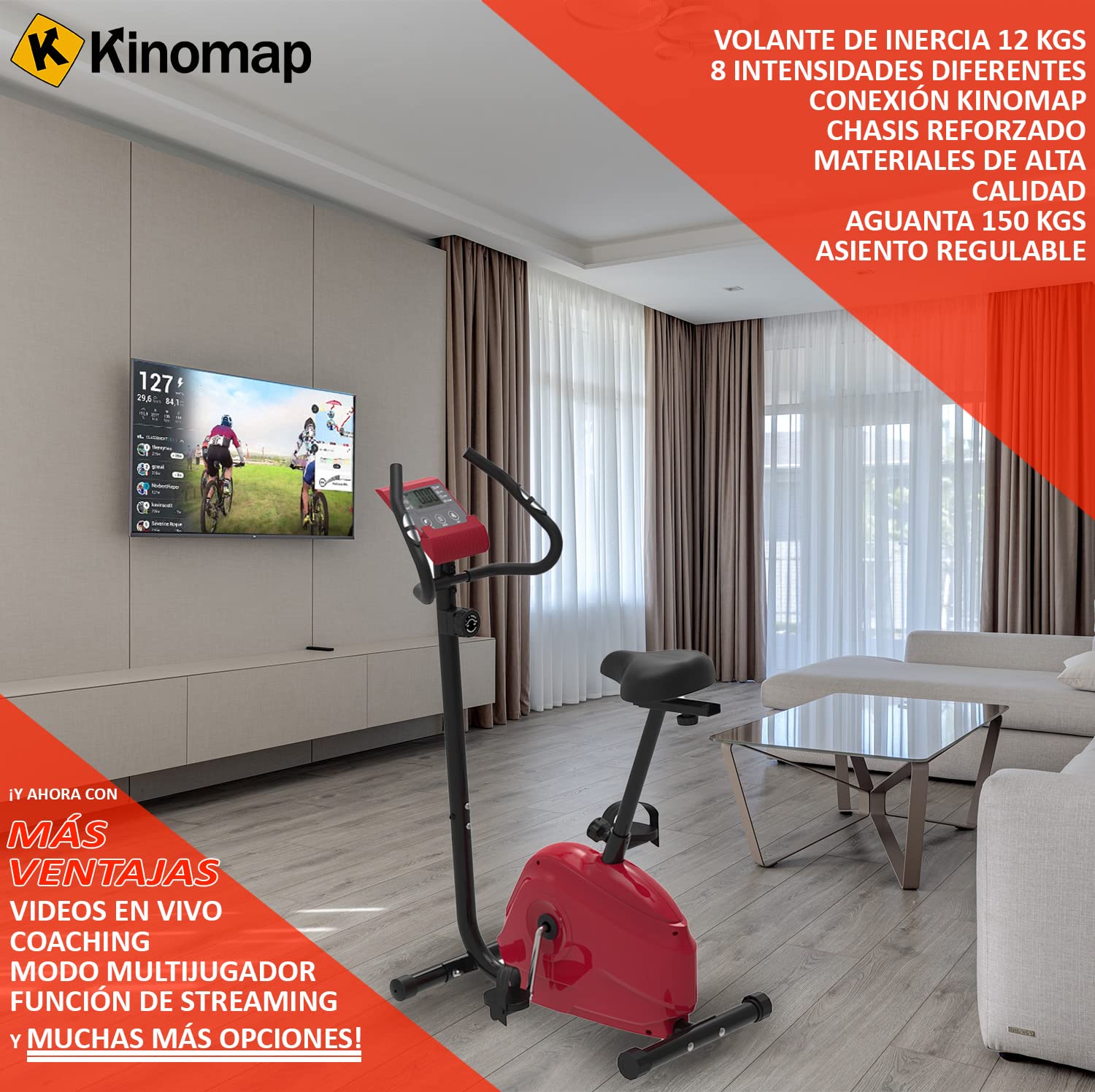 Bicicleta estática - 8 intensidades diferentes - Conexión app Kinomap - Chasis Reforzado Soporta hasta 150kgs - Deporte en casa