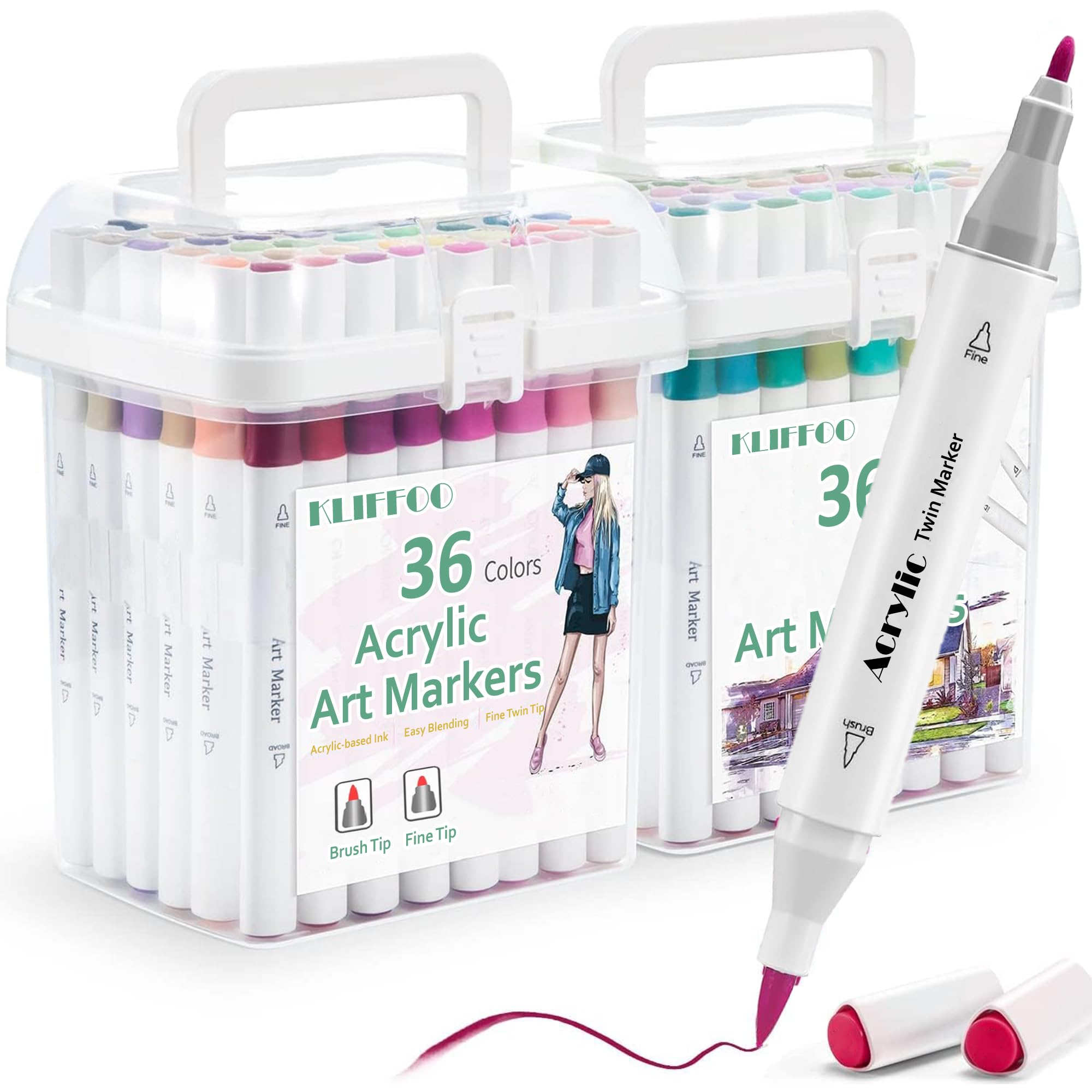 KLIFFOO Dual Tip Acrylic Paint Markers Set 36 Colors with Carrying Case for Painting Sketching Calligraphy Drawing, Permanent Colouring Marker Pens for Rock, Canvas, Wood, Glass, Ceramic, Fabric