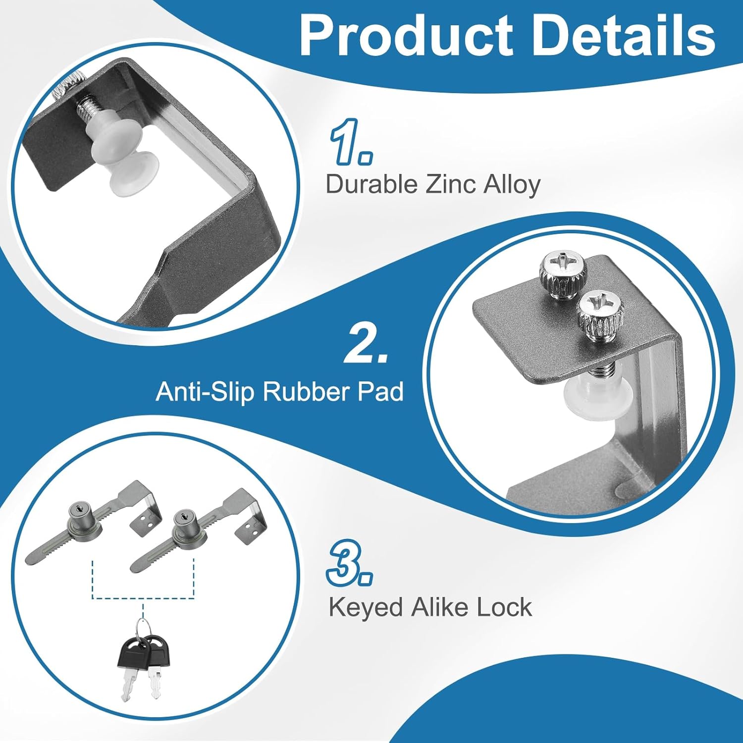 1.7" Sliding Glass Door Ratchet Lock, Keyed Alike Luminous Secure Showcase Display Case Lock - No Drill, for 30-40mm/ 1.18-1.57 inch Cabinet Stores Glass Door, Grey