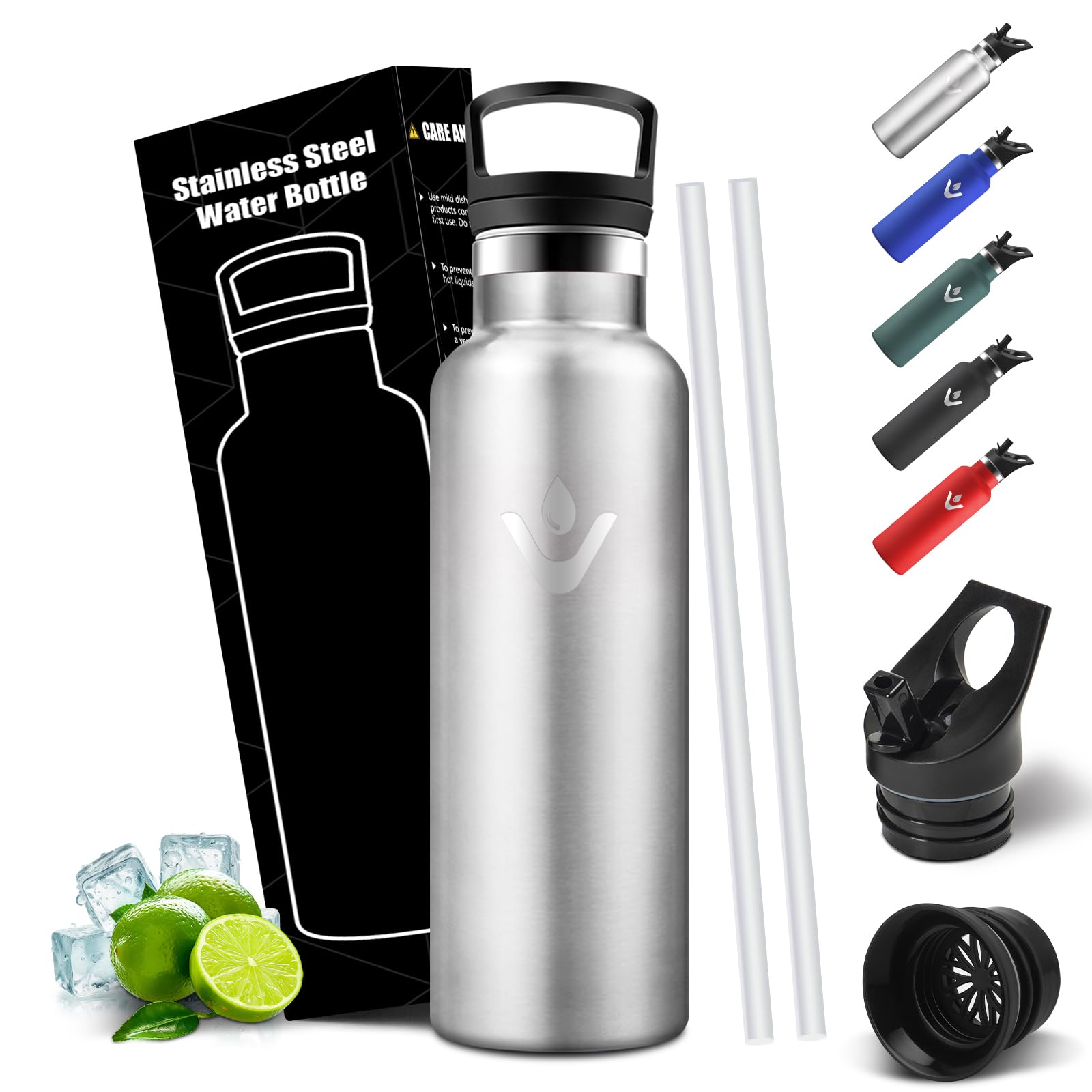 Mulbijeo Trinkflasche 750ML, Auslaufsichere Isolierflasche Doppelwandig, Thermosflasche, BPA-Frei, Flasche mit Strohhalm, 18/8 Edelstahl, Wasserflasche Kohlensäure Geeignet