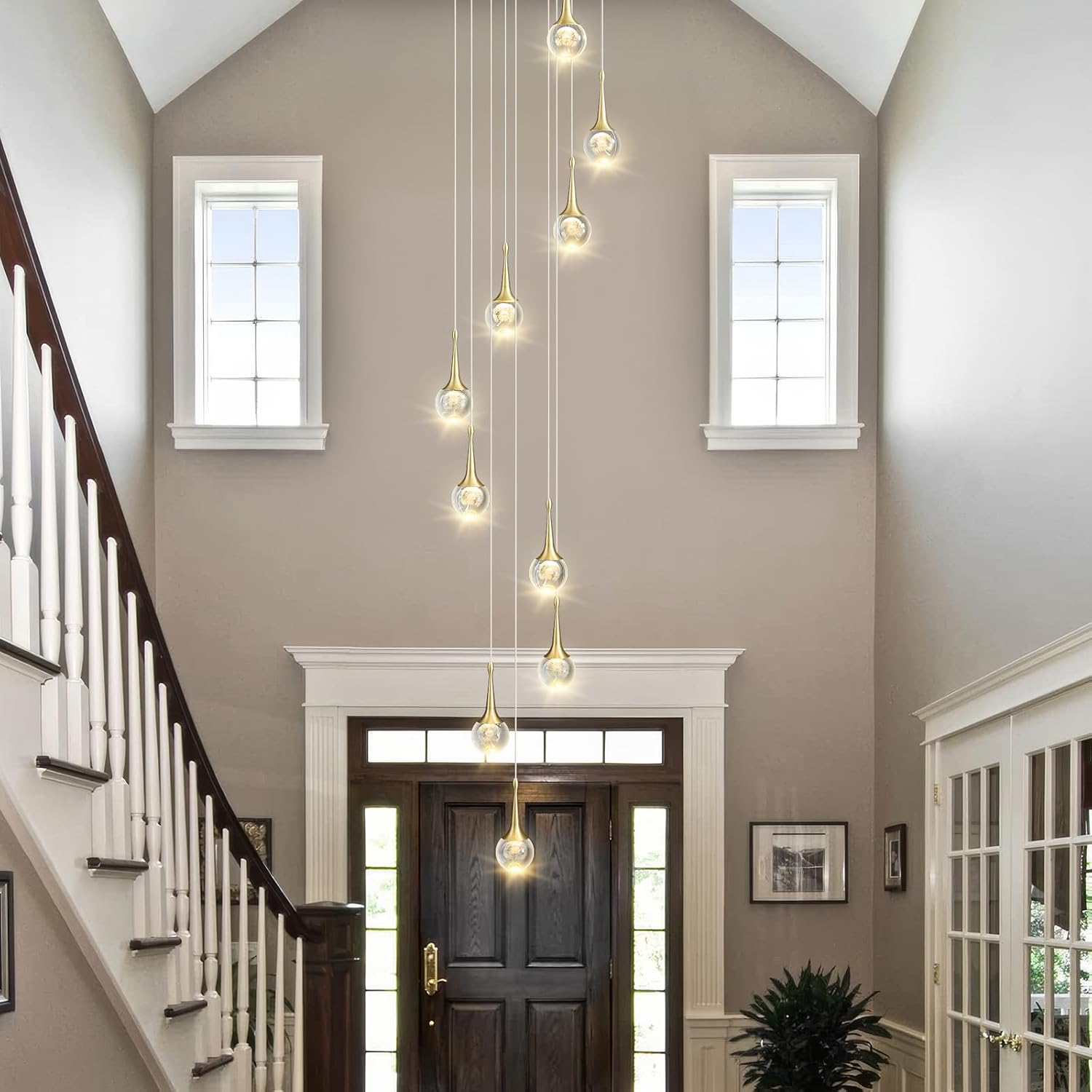 Dandelion Crystal Light Staircase Chandelier: Modern Raindrop Round Dimmable LED Ceiling Hanging Pendant Fixture - Large Long Chandeliers for High Ceilings Living Room Entryway Stairs Foyer 12 Lights