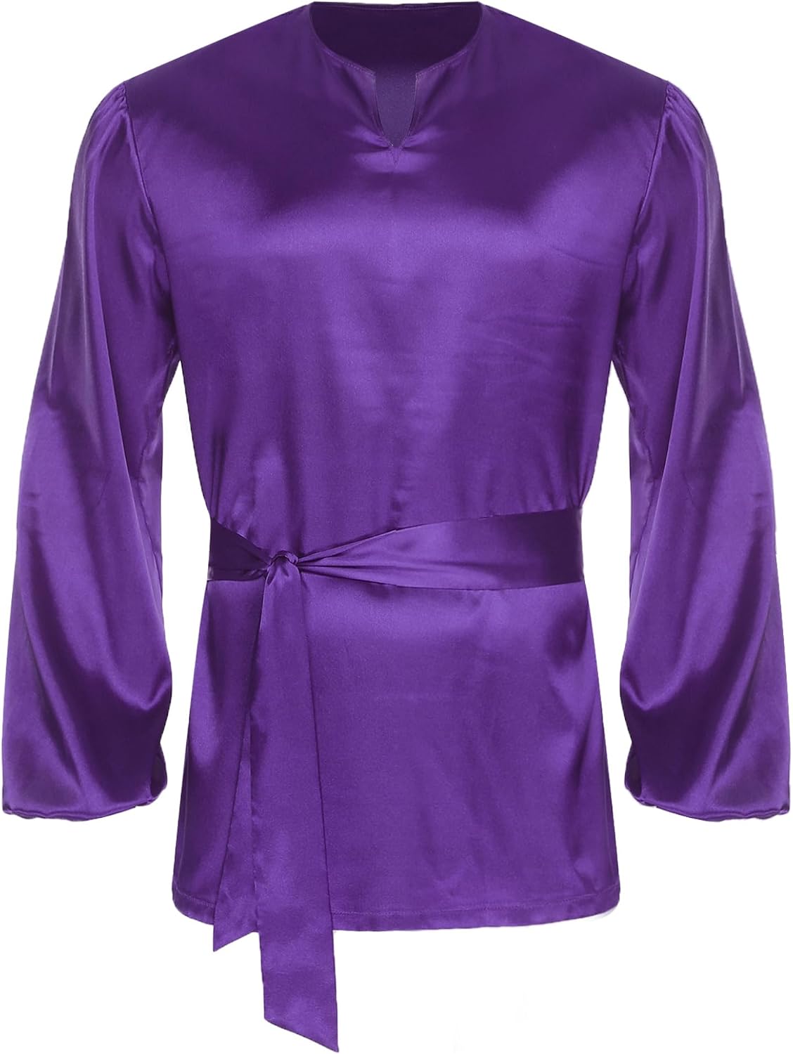 Men's Liturgical Worship Pullover Top Long Sleeve Satiny Praise Dance Tops with Belt Stage Performance