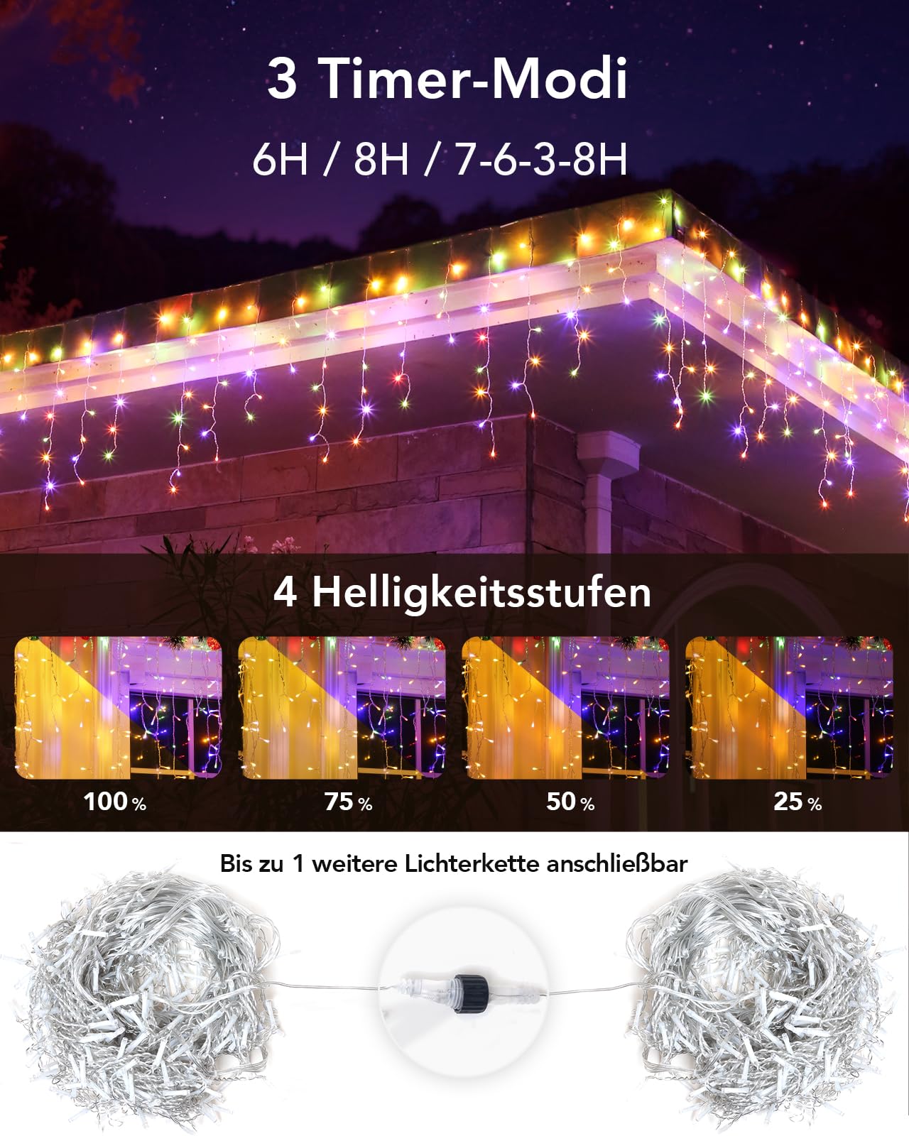 Lichterkette Eisregen Außen, 10M 400 LEDs Lichtervorhang mit Fernbedienung, Wasserfest 11 Modi für Außen und Innen, Outdoor Garten Balkon Hochzeit Party, Warmweiß & Bunt, Farbwechsel