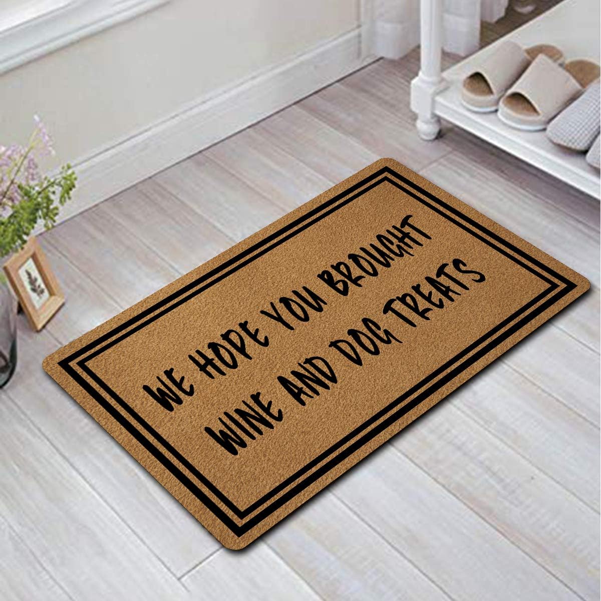 Welcome Mat with Non-Slip Rubber Back（18" x 30"）Funny Doormat for Entrance Way Personalized Monogram Home Decor Mats for Front Door Kitchen Rugs and Mats (We Hope You Brought Wine and Dog Treats)