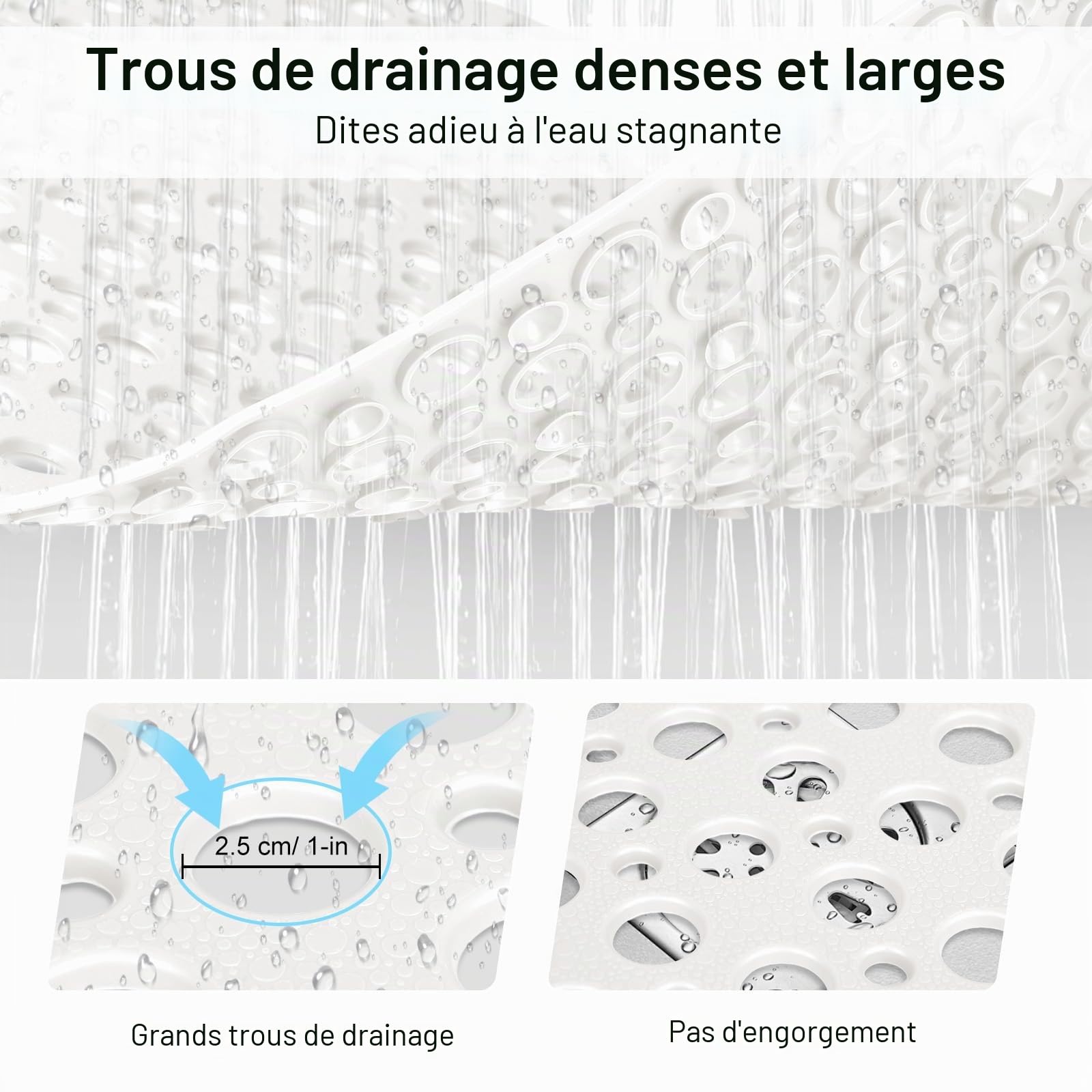 Tapis de douche antidérapant et anti-moisissure : 60 x 90 cm Grand tapis de douche pour bac de douche à l'italienne - Tapis de bain antidérapant en caoutchouc souple pour sol humide - Lavable en