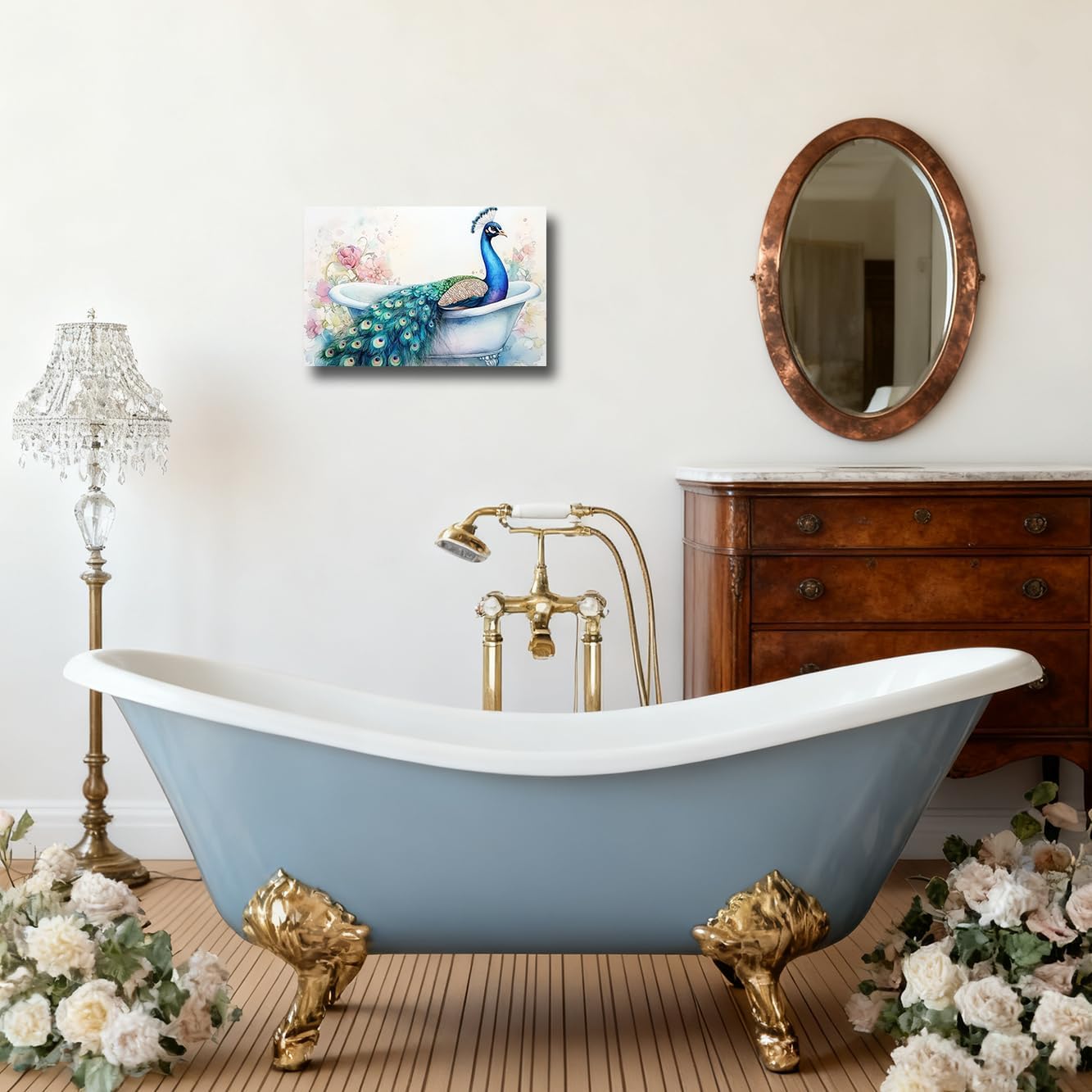 BJYCHG Peacock Bathroom Pictures Wall Decor Elegance Peacock in Bathtub Canvas Wall Art Funny Animal Bathroom Paintings for Toilet Restroom Decor Framed (Green, 12" L x 18" W)