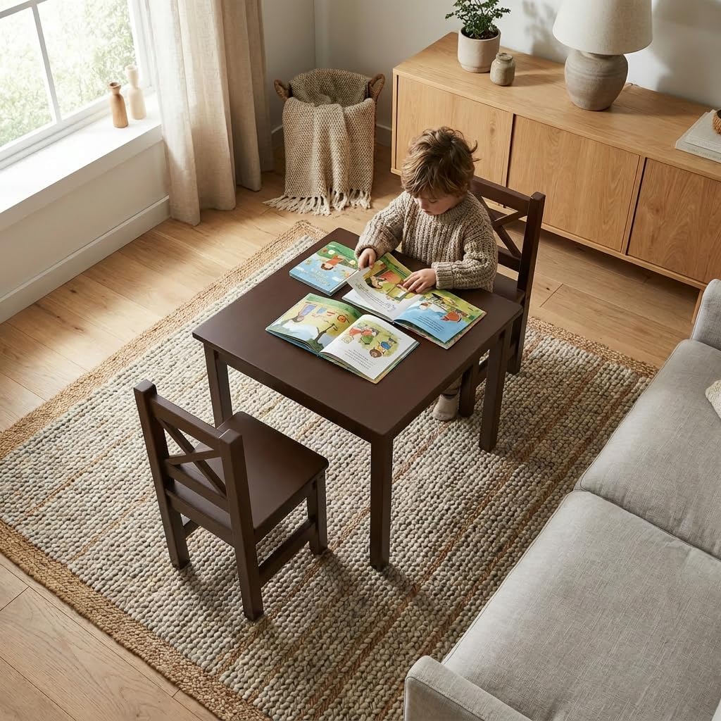PETIT BATEAU Solid Wood Toddler Kids Table and 2 Chairs Set,Modern Wooden Furniture with Irish Designer for 2-8 Years,DarkWalnut
