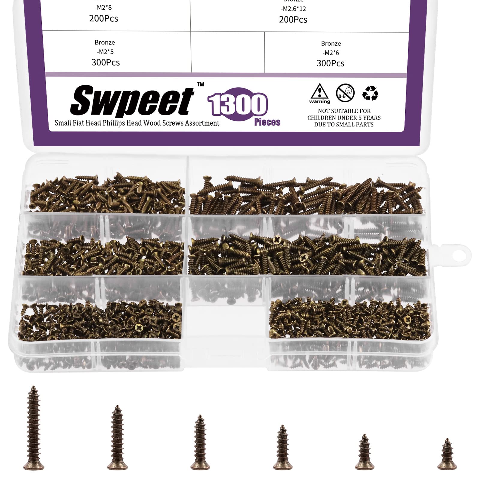 Swpeet 1300Pcs 5mm-16mm Small Wood Screws Assortment Kit, Self Drilling Flat Cross Head Screws, Bronze, 2mm x 5mm, 2mm x 6mm