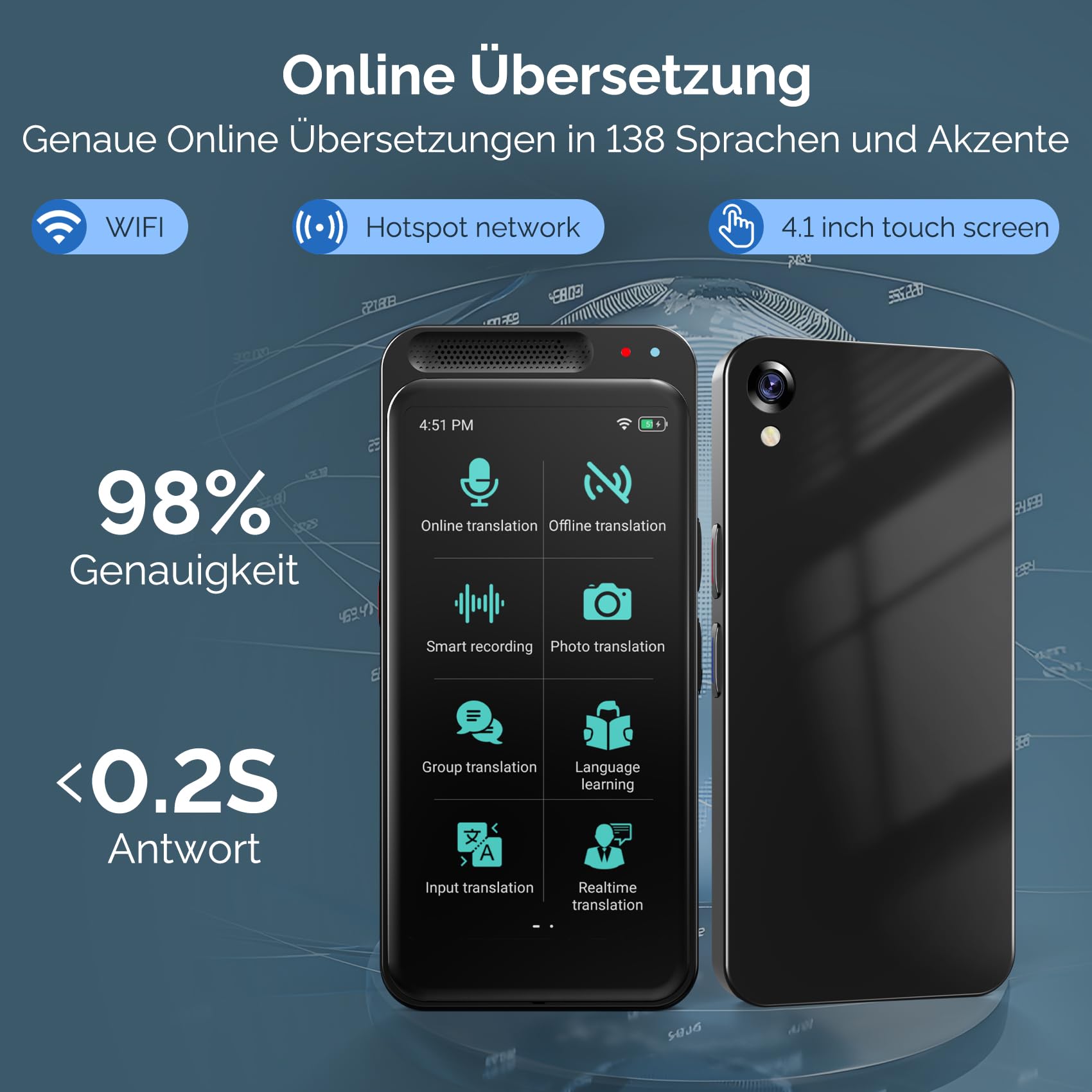 Sprachübersetzer Gerät,Zwei-Wege-Smart-Sprach Übersetzer Foto Taschenübersetzer in Echtzeit,150 unterstützte Sprachen,Online/Offline Sprachübersetzer für Unternehmen,Lernen Reisen