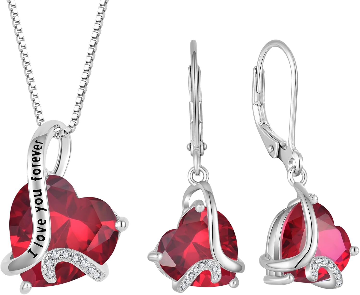 925 Sterling Silver Heart Birthstone Jewelry Set - I Love You Forever Engraved Red July Ruby Pendant Necklace & Drop Earrings for Women Anniversary Birthday Valentine's Day Hypoallergenic