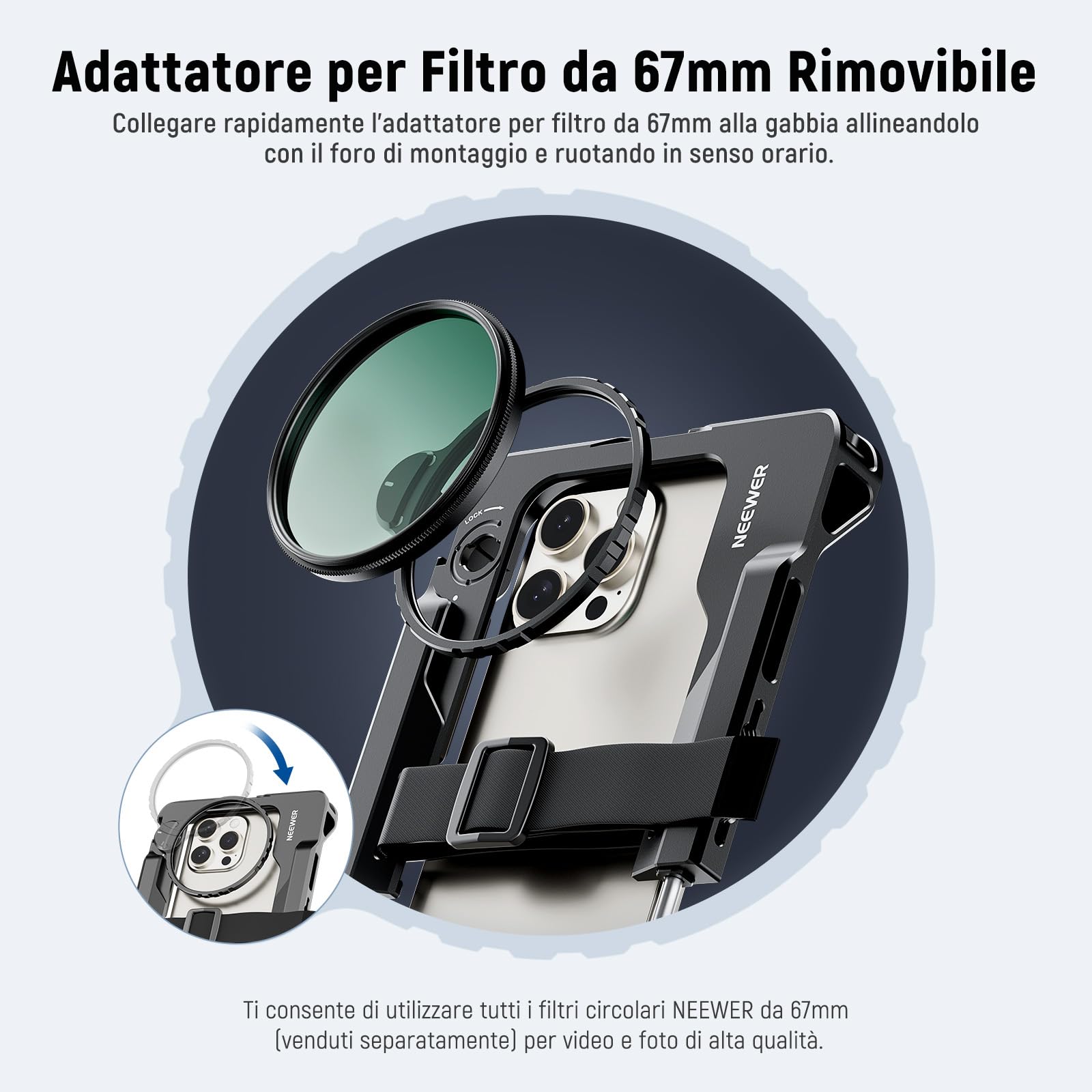 NEEWER Rig Video Universale per Smartphone con Maniglie Adattatore Filtro 67mm, Cold Shoe AntiCaduta Compatibile con DJI Mic, Stabilizzatore Gabbia per iPhone 16 Pro Max S24 Ultra Pixel 9 Pro, PA017