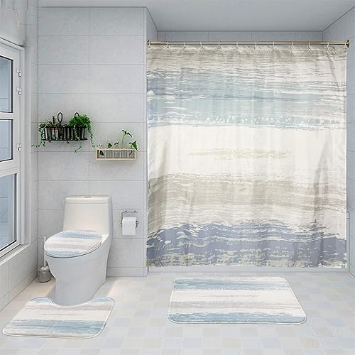 Juego de baño con cortina de ducha y alfombras tapete antideslizante para tapa de inodoro 12 ganchos pintura azul accesorios de decoración de 4