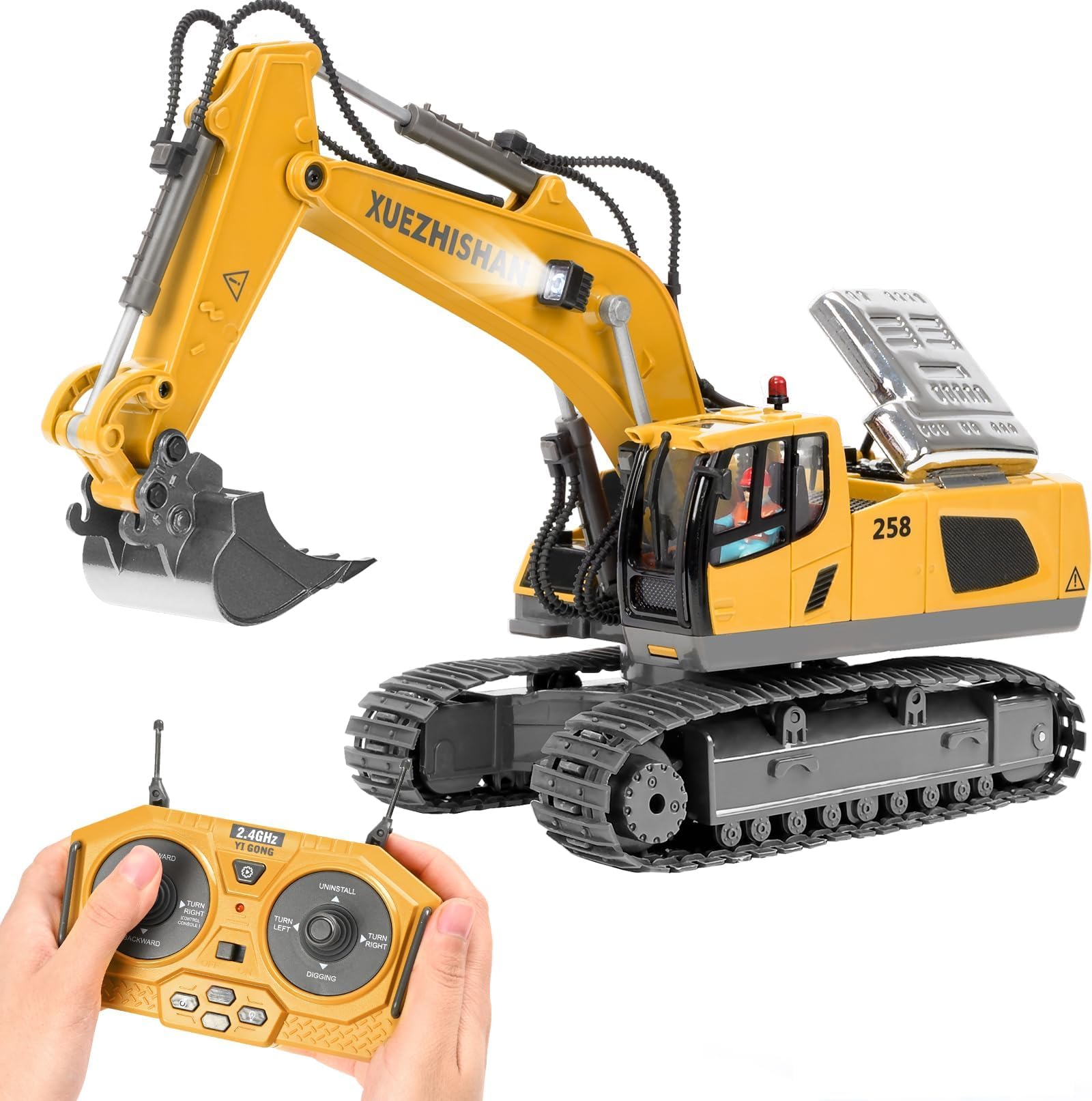KidsFaves Remote Control Excavator Toys for Boys Turns 680-degree 2 Batteries Metal Shovel Lights/Sounds Construction Toys Birthday Gifts Boy Toys for 3 4 5 6 7 8 Years Old