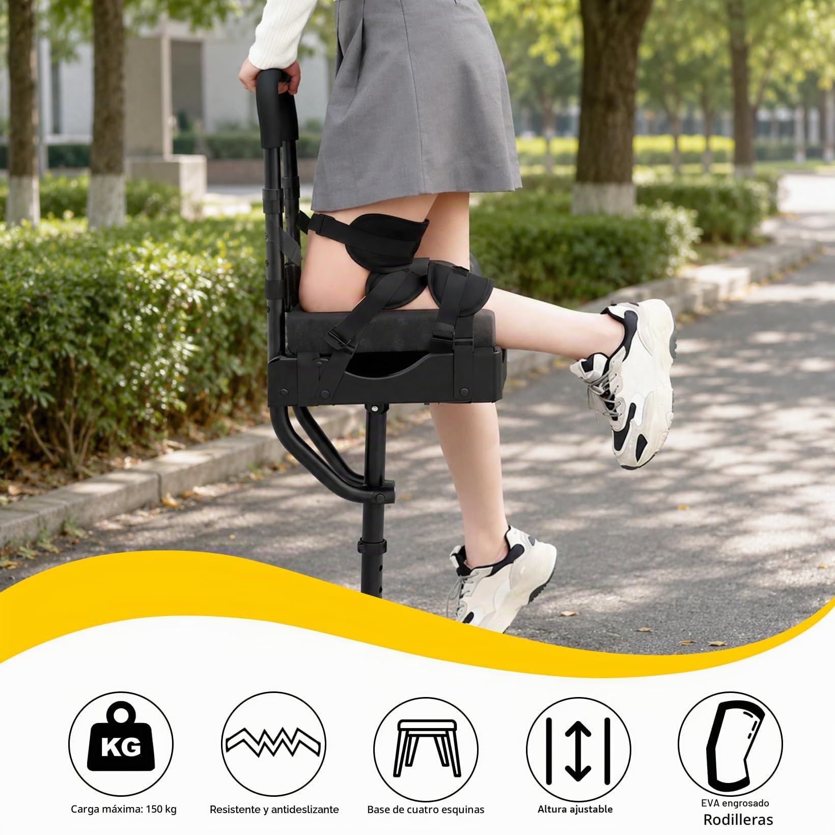 Carro telescópico de una sola pata, muleta para rodillas manos libres con acolchado de espuma elevado, ajuste de altura de 5 niveles, andador antideslizante para fracturas de tobillo, esguinces y