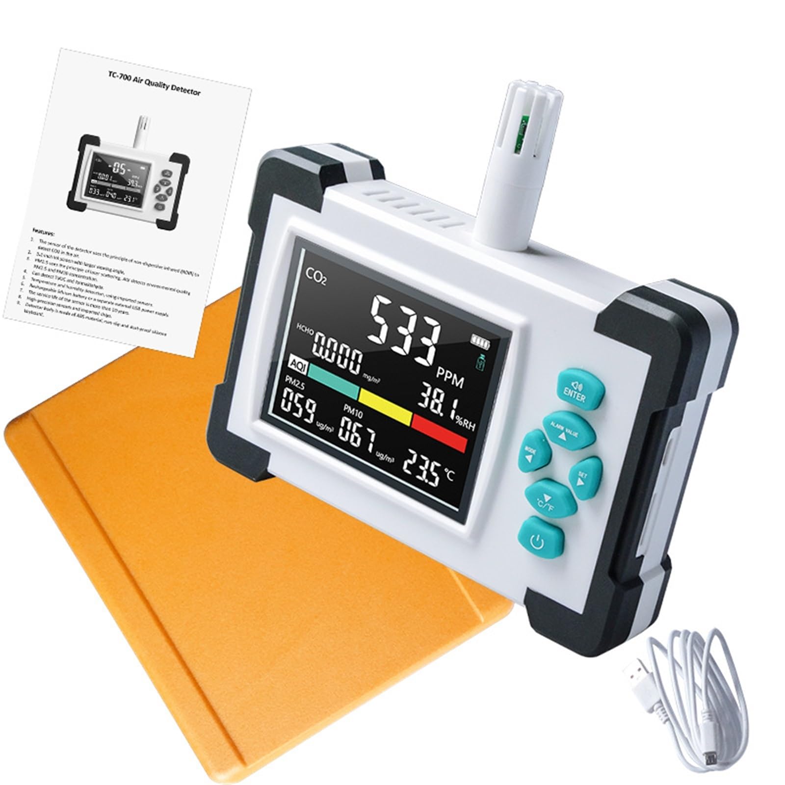 TC-700PRO Detector de Calidad del Aire Monitor de contaminación del Aire con múltiples sensores CO2, PM1.0, PM2.5, PM10 Temperatura y Humedad