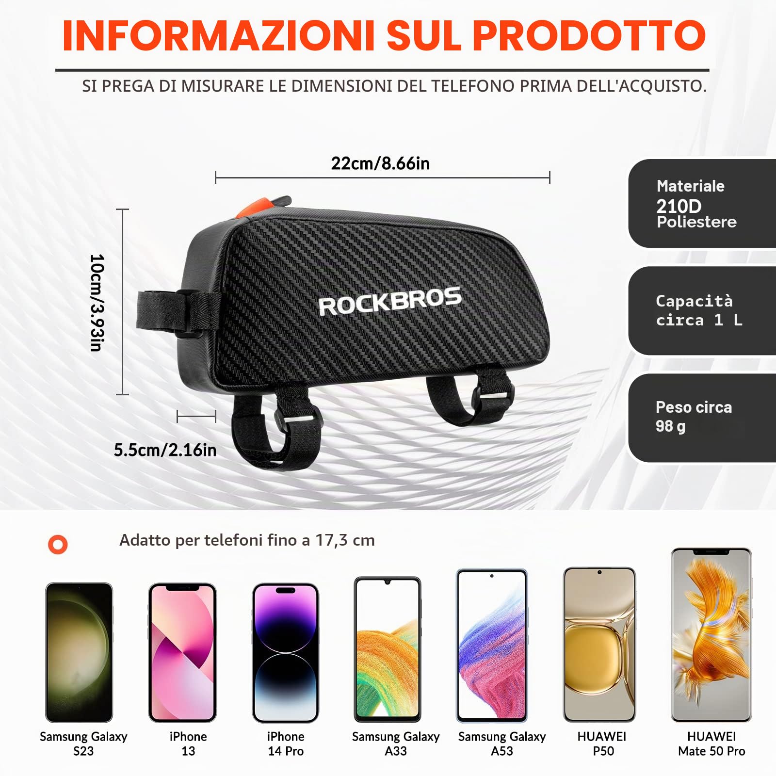 ROCKBROS Borsa Telaio Bici 1L MTB Bicicletta da Corsa Bici Elettrica