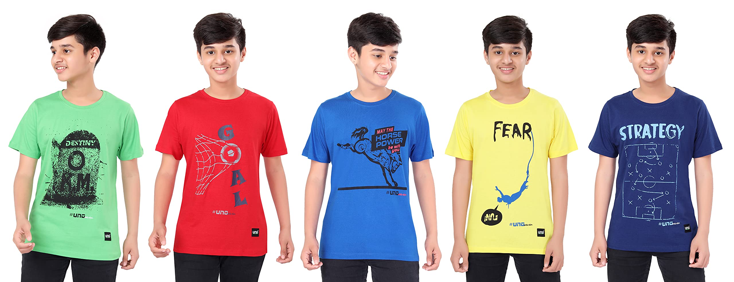UNOseven Boys Pure Cotton Half Sleeve T-Shirts - Printed - Pack of 5 - Red,Yellow,Navy,Royal,Green