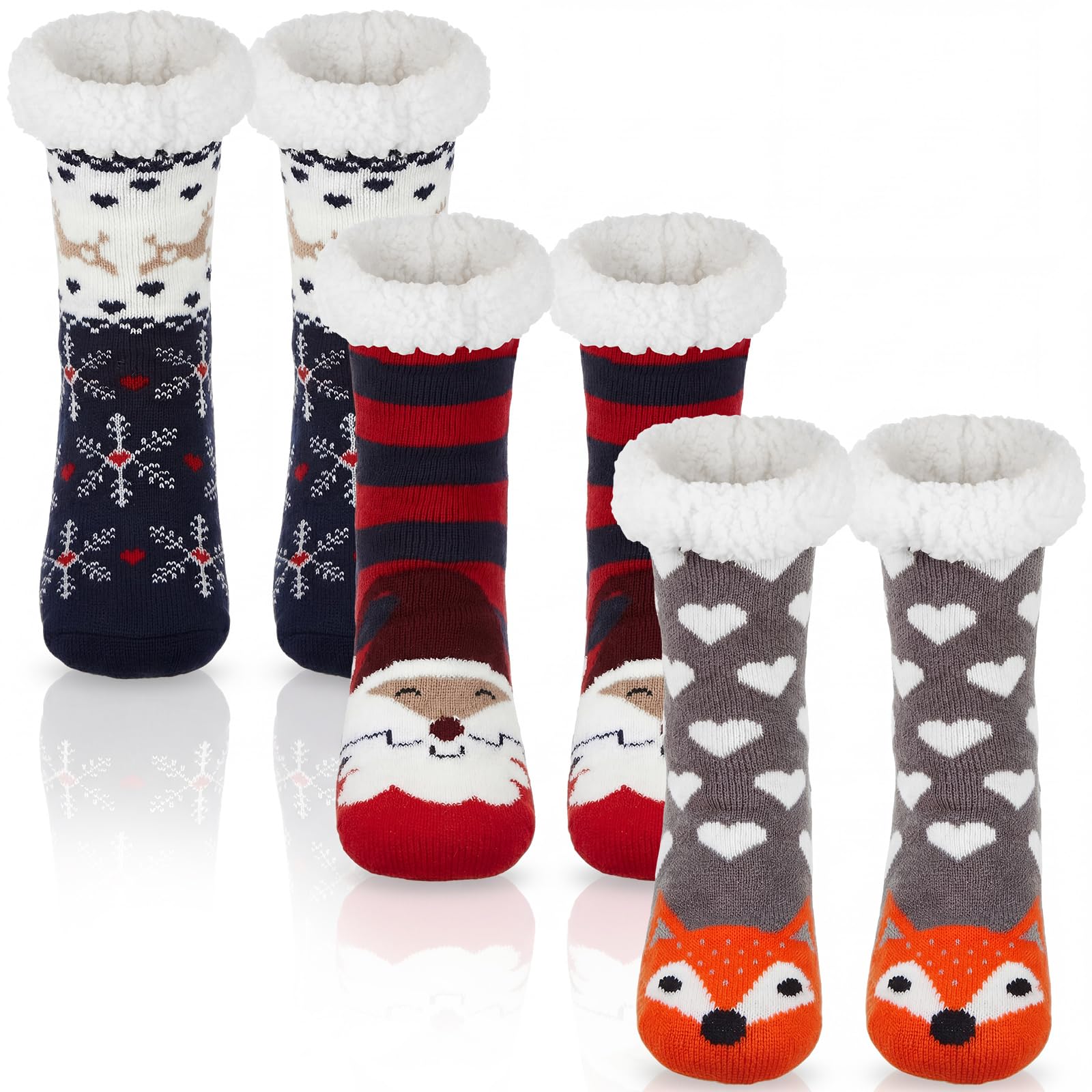 Hestya 3 Paires de Chaussons de Noël Chaussettes de Lit Antidérapantes Chaussettes d'Hiver Moelleuses pour Noël