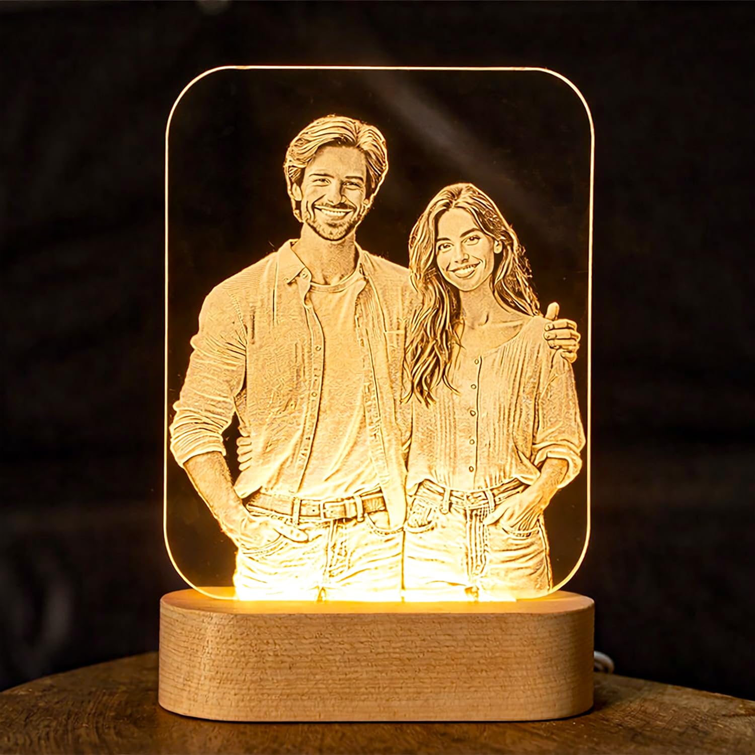 Lampe Personnalisée Gravée avec Photo et Veilleuse 3D – Cadeau Original pour Anniversaire, Saint-Valentin et Fête – Idéale pour Couples, Amis et Famille (Blanc chaud)