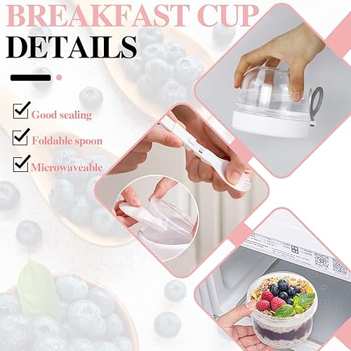 Miniatura 4 de 2 recipientes de avena para toda la noche con tapas, cuchara de 20 onzas, tarros portátiles de yogur de plástico, tazas de desayuno para adultos,