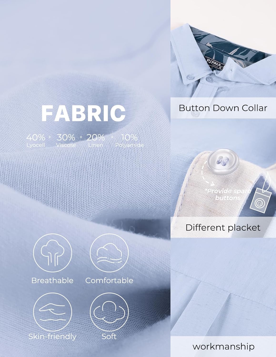 PJ PAUL JONES Mens Button Down Shirt Linen Short Sleeve Dress Shirts for Men Beach Summer Wedding Untucked Shirt - Image 3