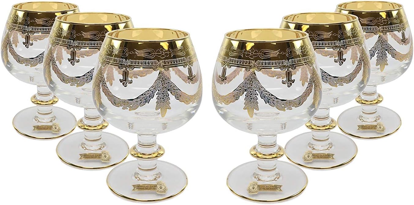 Interglass Italy 6pc Luxury Crystal Glasses, Vintage Design Gold-Plated (Cognac)