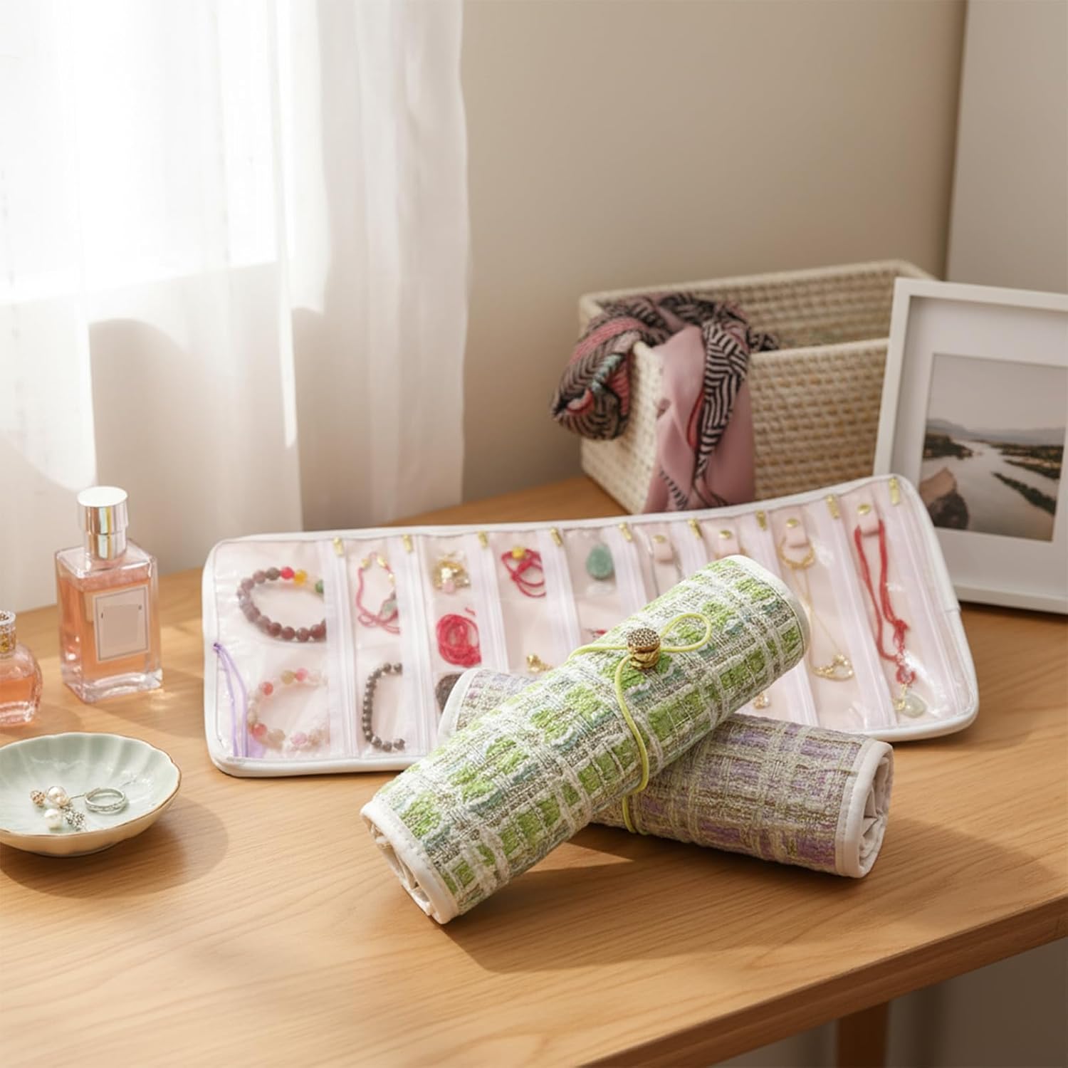 Portable Travel Jewelry Organizer Roll with 17 Zippered Compartments,Tangle-Free Necklace Storage Bag,Travel Jewelry Pouch for Bracelets, Earrings, Rings, Brooches (Green) - Image 9