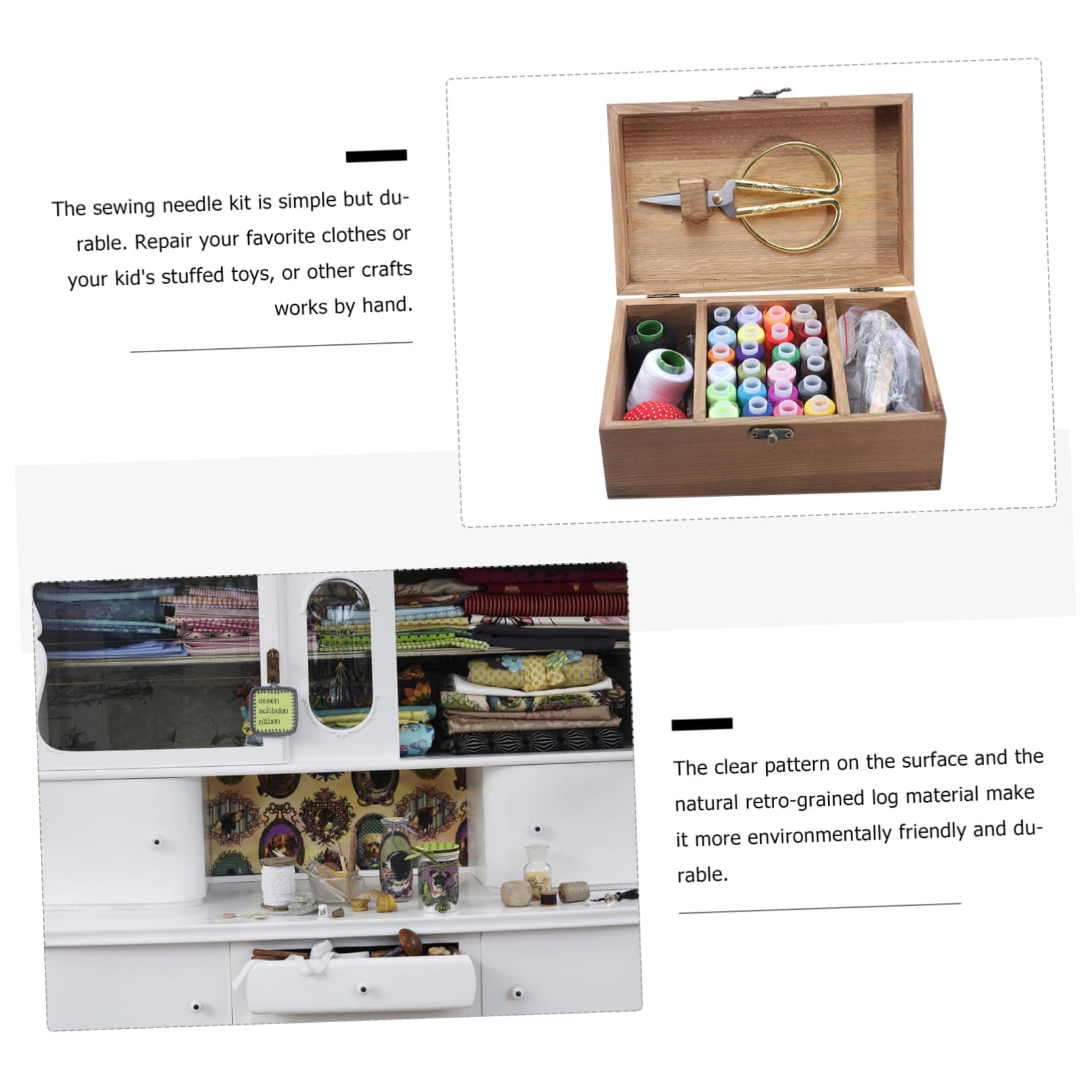 Kit de Costura Completo de Madera Retro Gran Capacidad, Caja de Almacenamiento Ecológica para Diy, Incluye Agujas, Hilos Variados y Tijeras, Adecuado Hogar