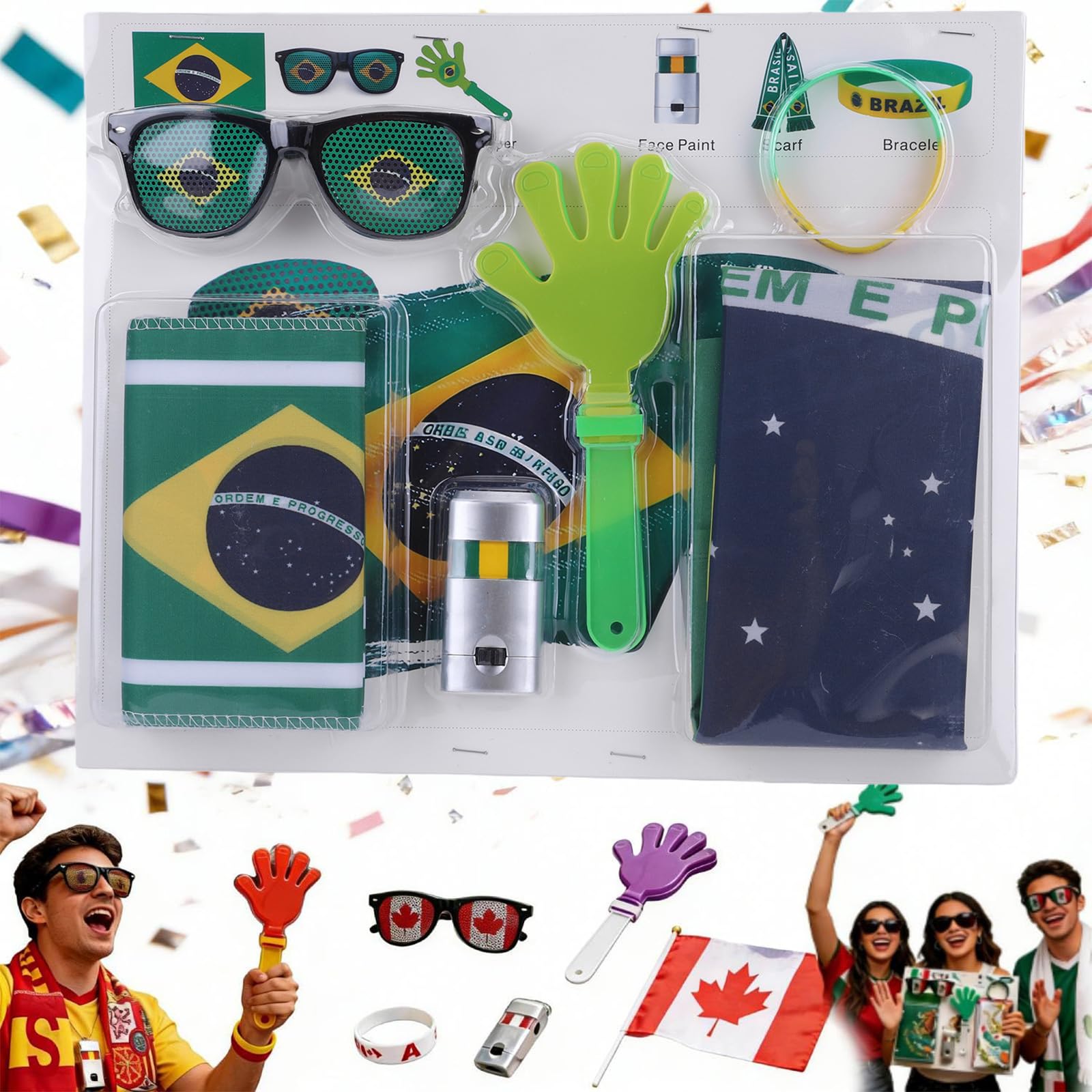 Paquete de 6 accesorios de apoyo deportivo con lentes de sol, bufanda y pintura facial, kit de animación para estadio fútbol (Brasil)