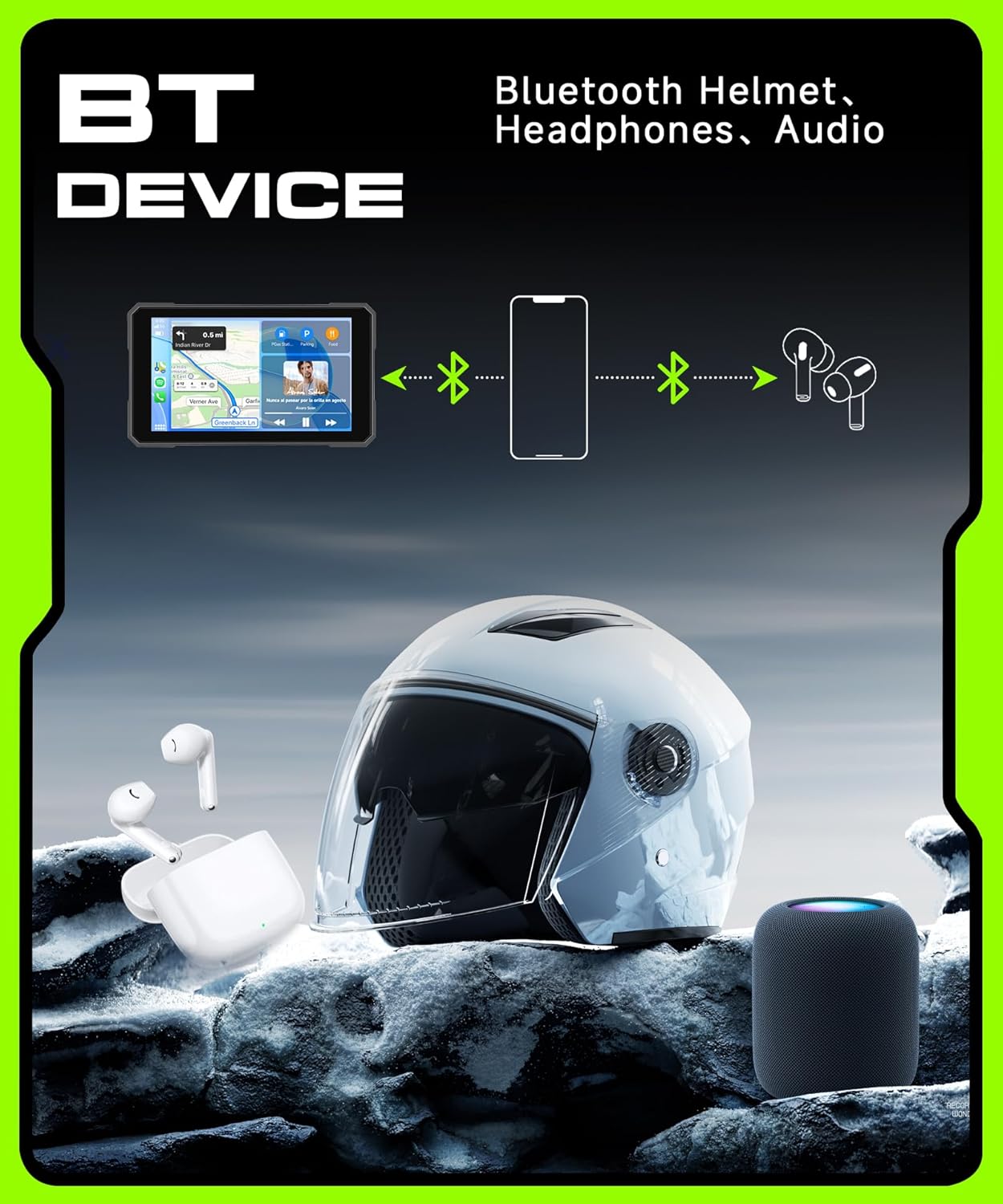 Motorcycle CarPlay Screen 5 Inch Wireless Carplay Android Auto for Motorbike with Removable Bracket 1080P Double Camera, IP68 Waterproof Touchscreen, Supports GPS Navigation