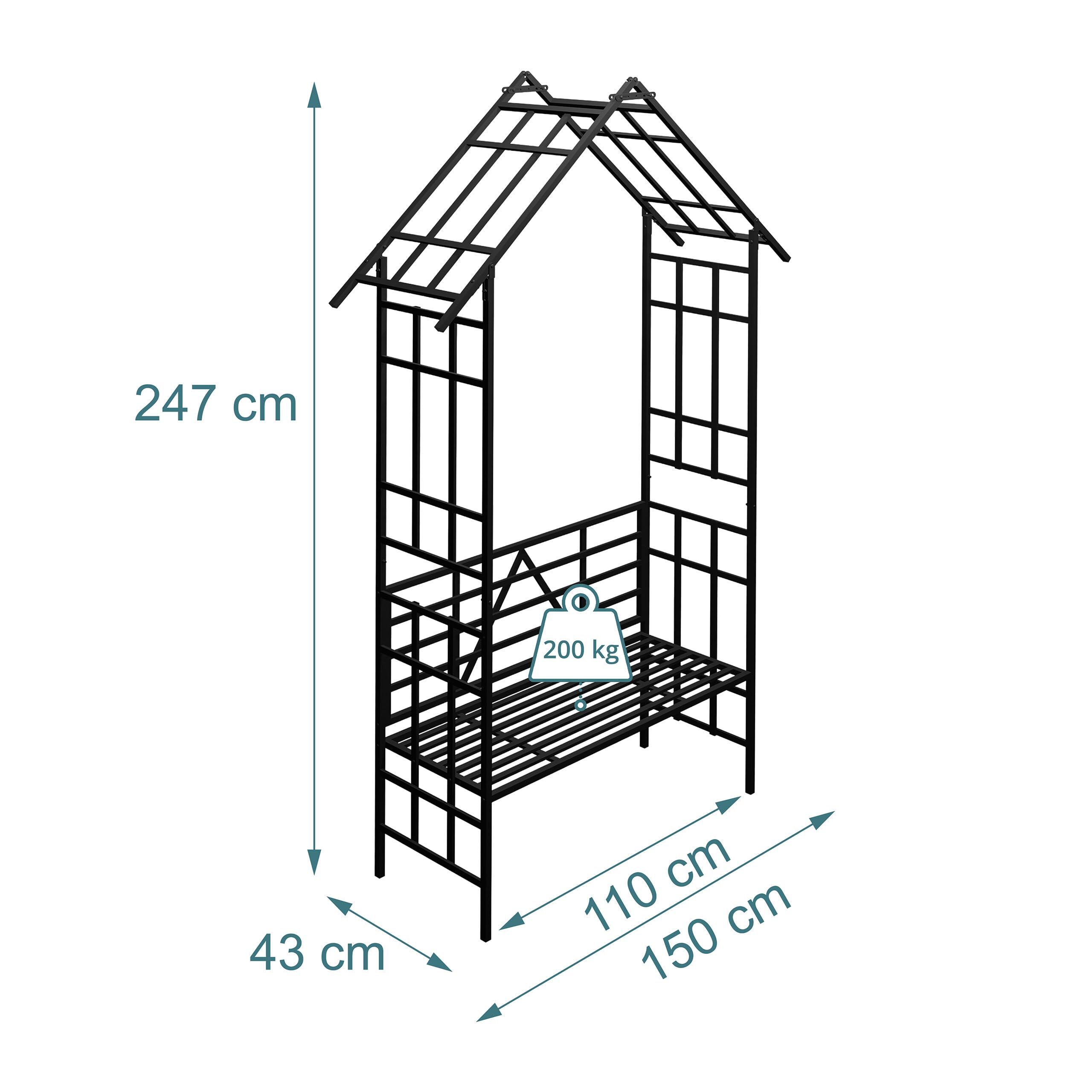 Arche à Roses Relaxdays, avec Banc ou jardinière, pour Jardin & entrée, H x L x P : 247 x 150 x 43 cm, métal, Noir