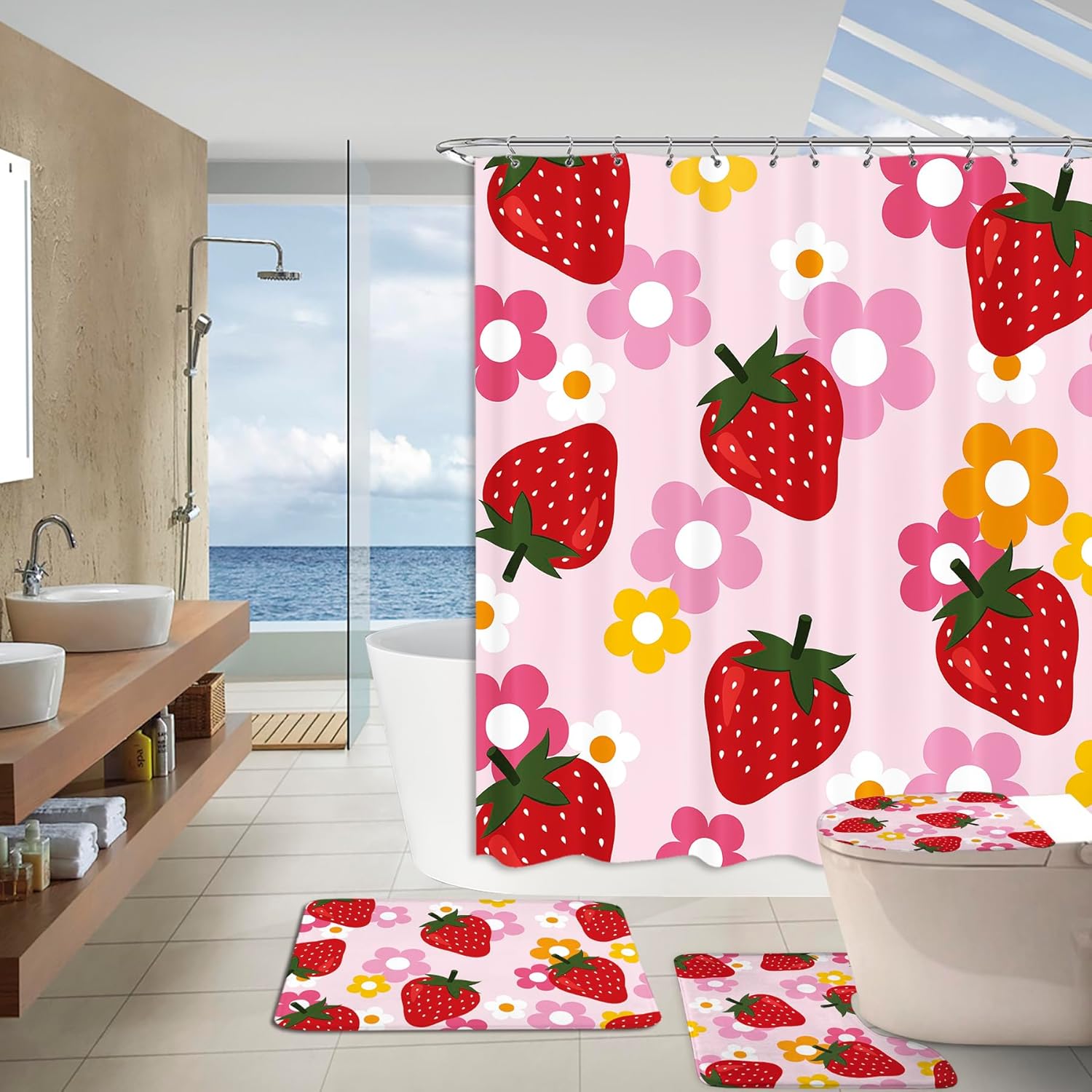 4PC Cute Strawberry Fruit Shower Curtain Set 60W by 72H Inch Girls Flower Y2K Pink Groovy Bathroom Set Accessory with Rugs Toilet Lid Cover and Bath Mat Polyester Home Decor