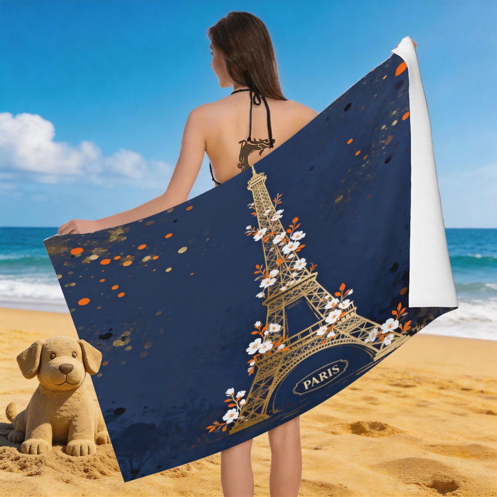 Leichong 3D Eiffel Tower Beach Towel Microfiber Soft Quick Dry for Adults, Art Style Bath Towel Lightweight Soft Absorbent for Travel Swimming Pool Sports, 75 x 150 cm