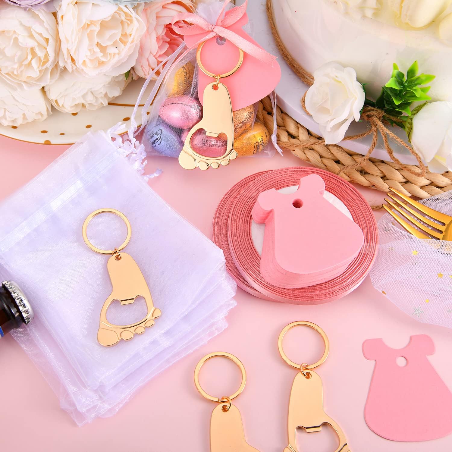 50 Pieces Baby Footprint Keycahin Bottle Openers Baby Boy or Girl Shower Decarotions Party Favors，Gifts or Souvenirs for Guests Bulk with DIY Tags and White Organza Bags Game Gifts (Pinkl)