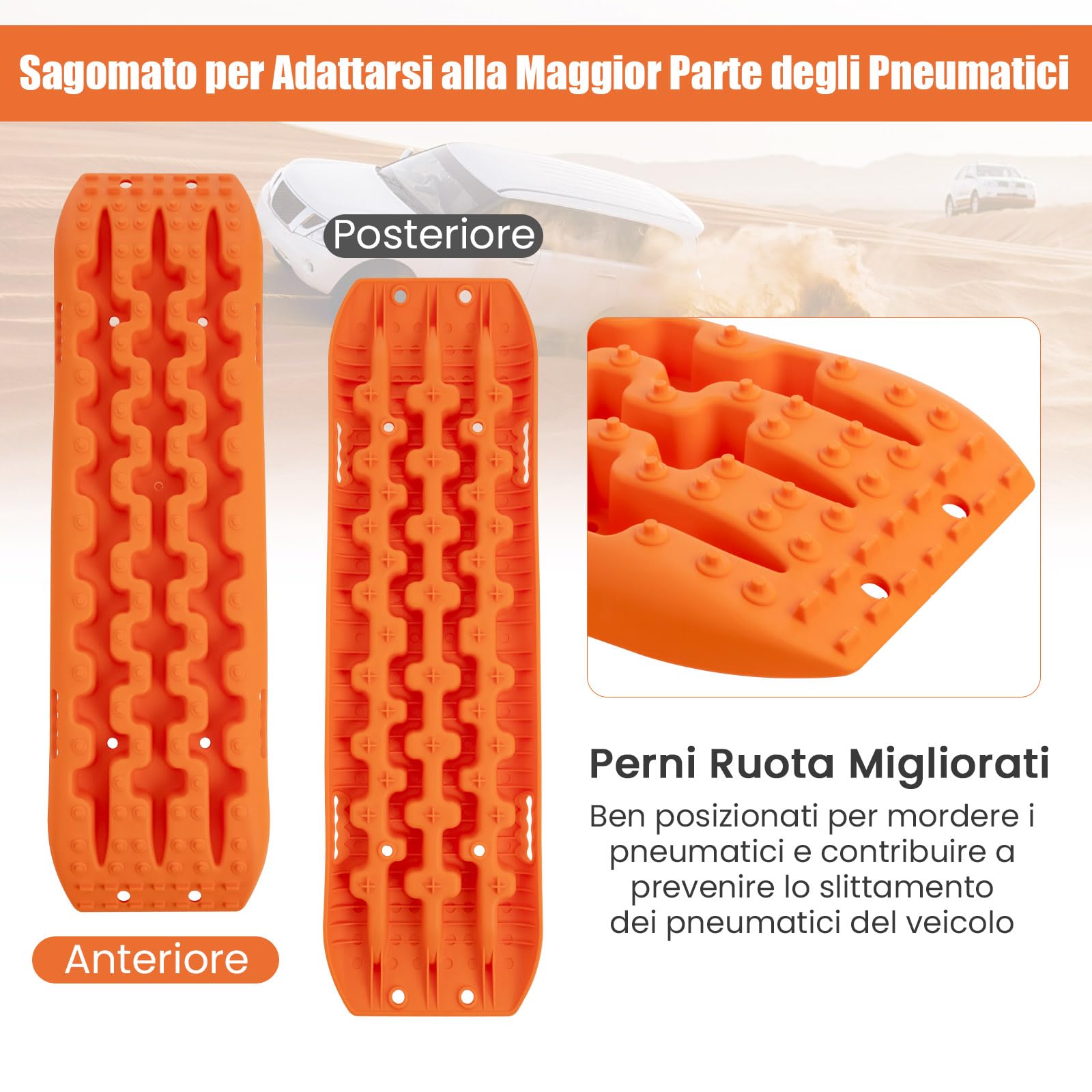 GYMAX Set di 2 Tappetini di Trazione, Piastra di Rilascio Contro Sabbia, Fango, Neve, Carico di 10 Tonnellate, per Veicoli Pesanti, Camper, Auto, Camion (107 x 31 x 7 cm, ARANCIONE)