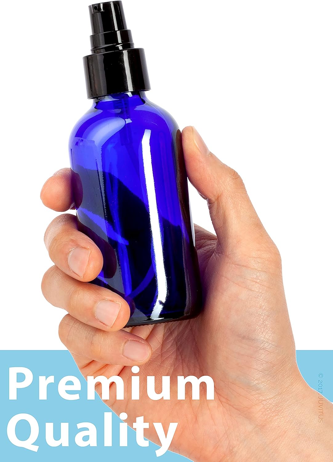 JUVITUS 4 oz / 120 ml Cobalt Blue Glass Boston Round Bottle with Black Treatment Pump (6 Pack) + Funnel