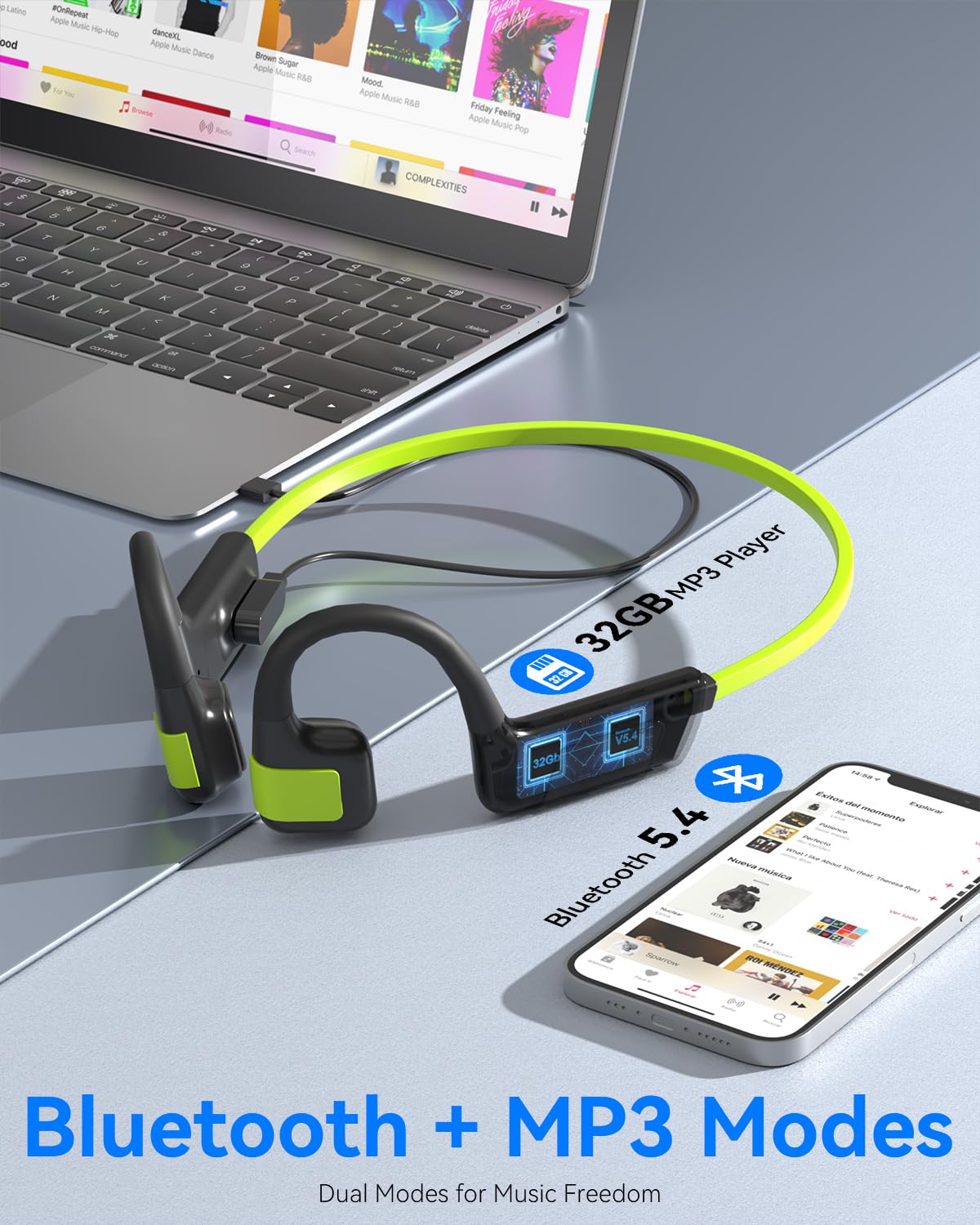 Auriculares Conducción Osea Natacion, 8GB MP3 Auriculares para Nadar Correr | Impermeable IP68 para nadar,correr, Bluetooth 5.4, Modos Bluetooth y MP3, Material de silicona suave