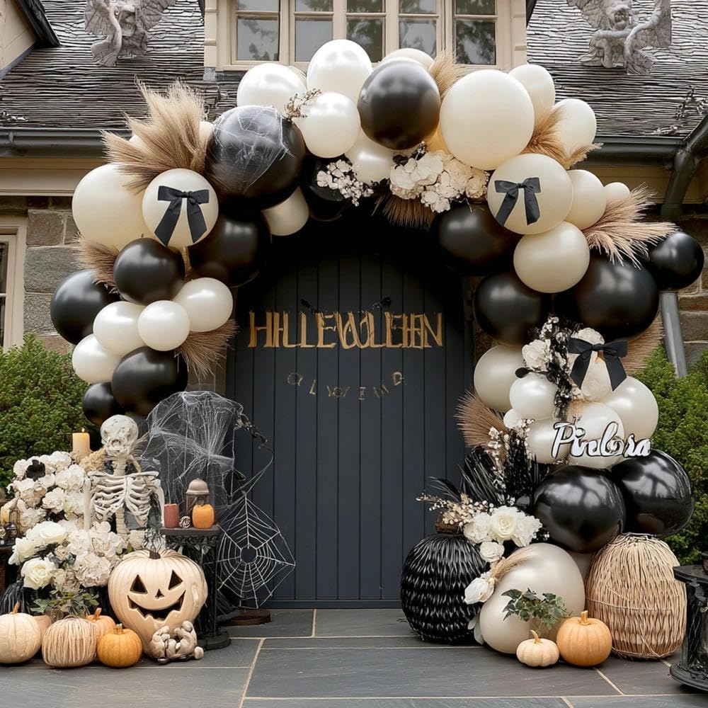 Fancy Halloween Double Stuffed Balloon Garland Different Sizes 18In 12In 5In Black Red White Black Bow Balloon Arch Kit For Happy Halloween Birthday Magic Party Decorations