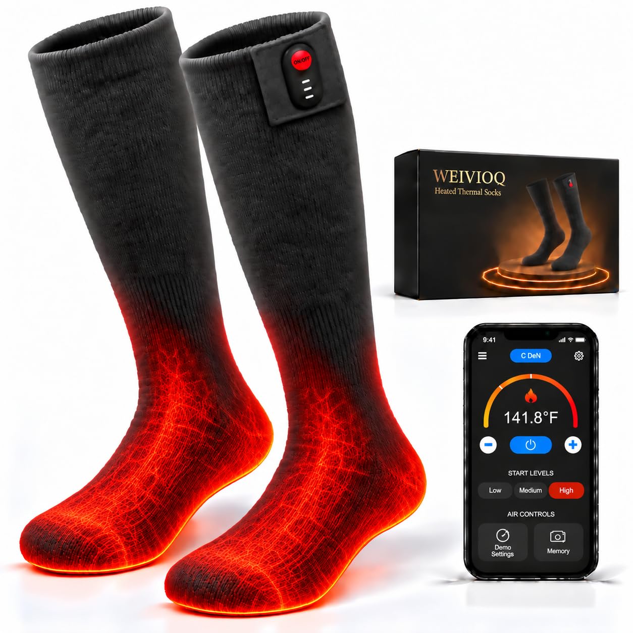 WEIVIOQ Calze riscaldanti per uomo e donna con controllo tramite app | Batterie ricaricabili da 7000 mAh, 3 livelli di calore, per sci, caccia, escursionismo e campeggio
