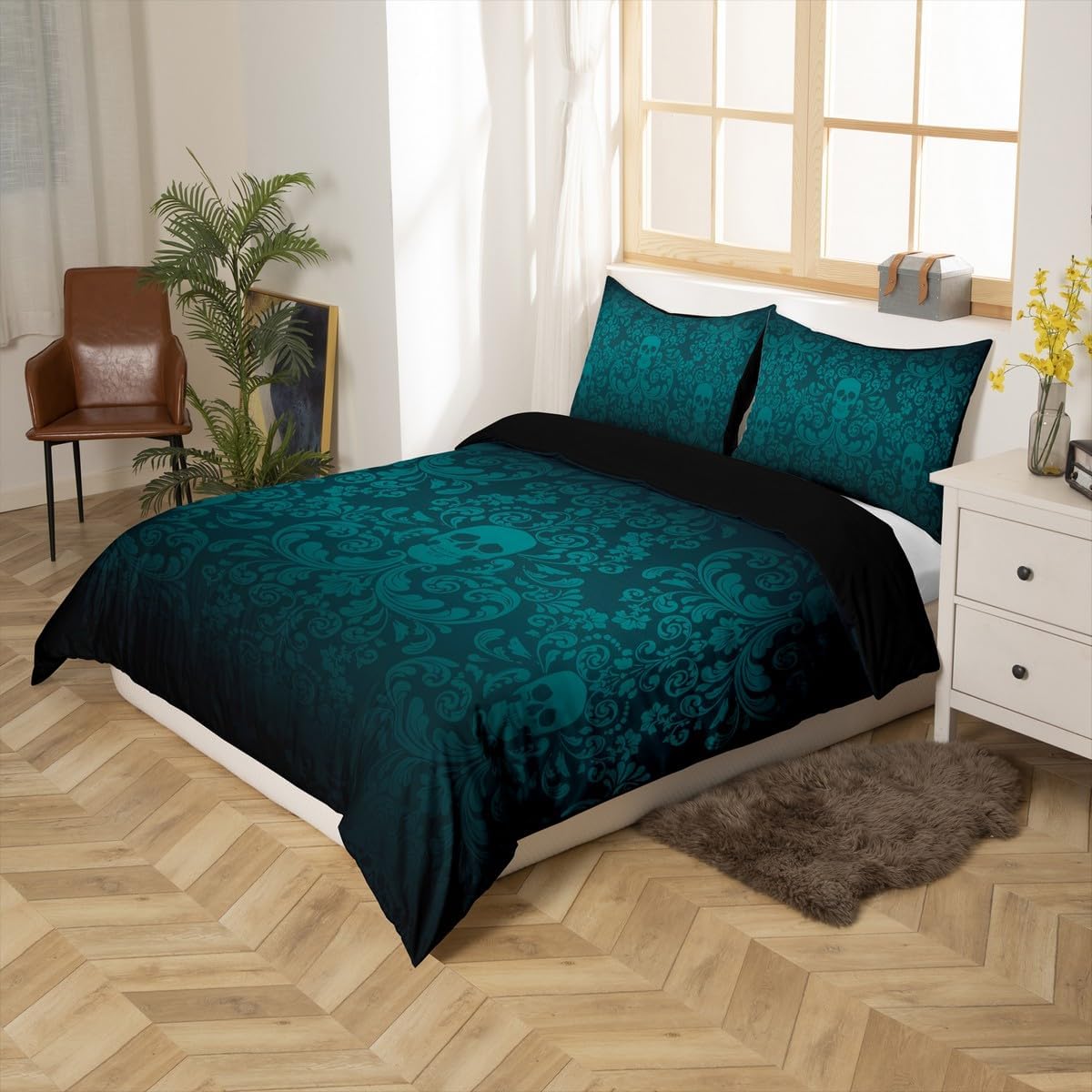 Erosebridal Damask Gothic Bedding Set Adults Antique Victorian Duvet Cover Full,Black Green Sugar Skull Comforter Cover Vintage Flowers Goth Bed Set,Exotic Bone Skeleton Bohemian Baroque Decor
