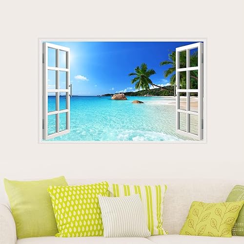 Miniatura 5 de Adhesivos de pared de ventanas falsas de mar azul, vinilo 3D, autoadhesivo, para ventana, playa, paisaje marino, palmeras verdes, calcomanías de