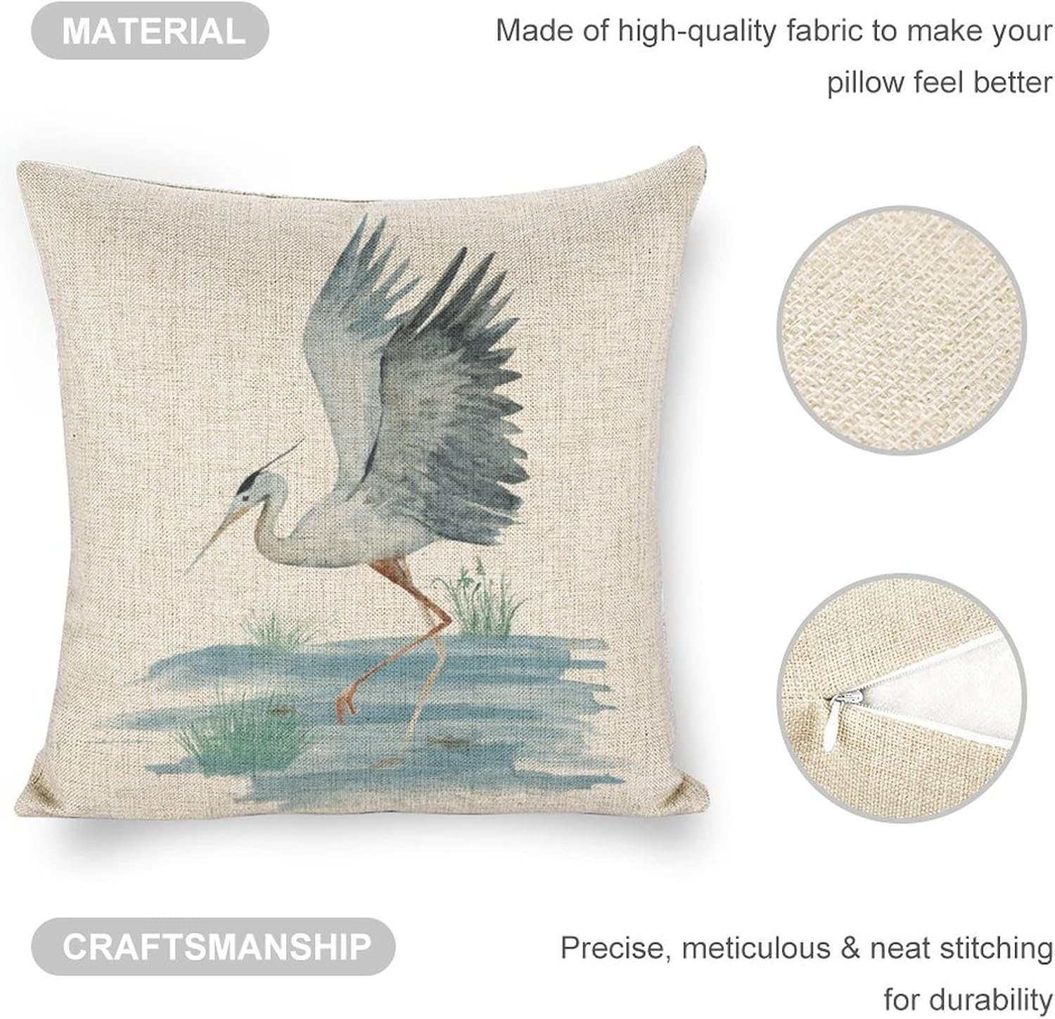 Linen Throw Pillow Covers Dancing Blue hegron on Coastal 18x18 Decorative Pillows for Couch Cushion Sofa Outdoor - Image 6